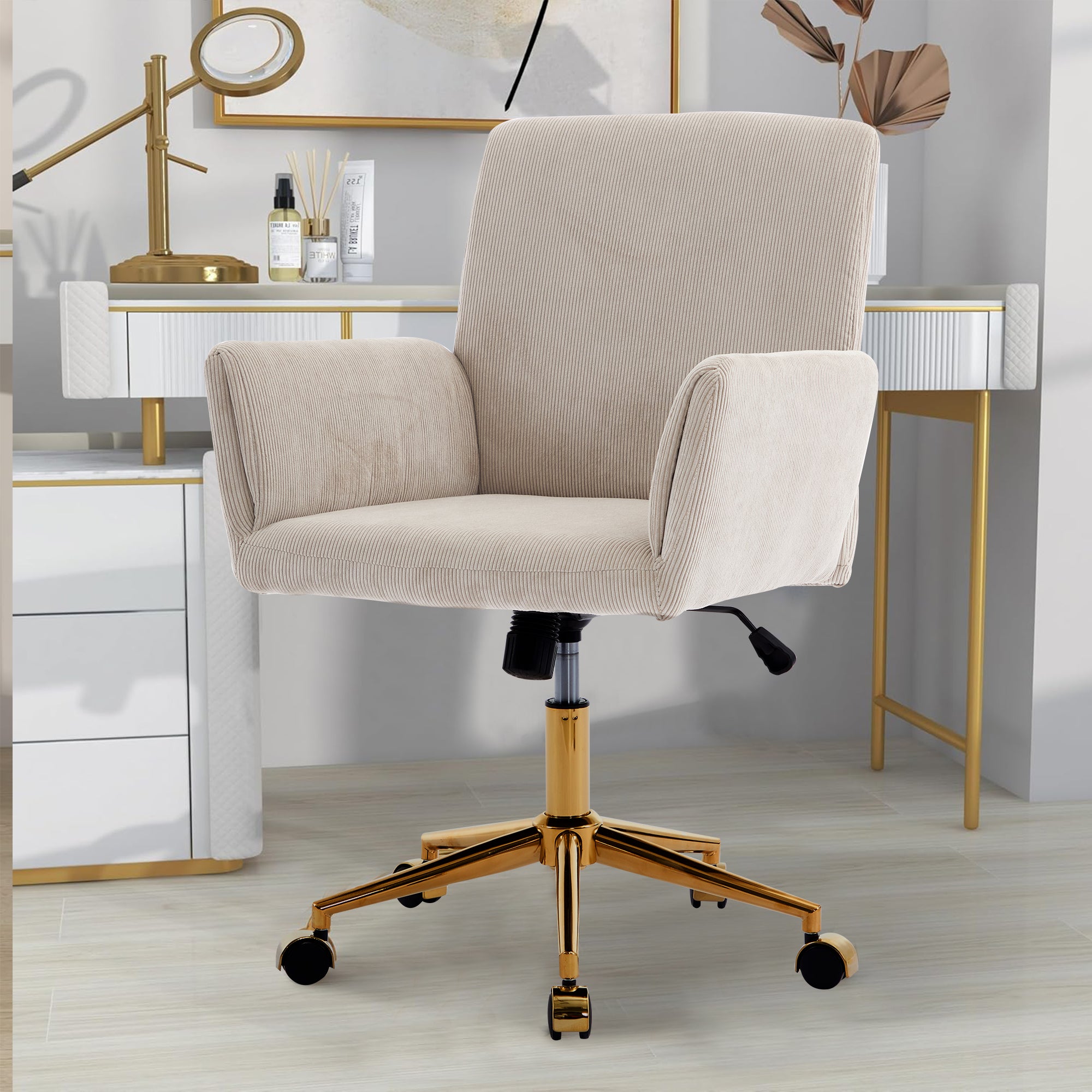 Koorbiir Corduroy home decor office desk and chair, modern height adjustable 360 ° armchair with gold base, ergonomic computer chair, leisure chair 1pc creamy white