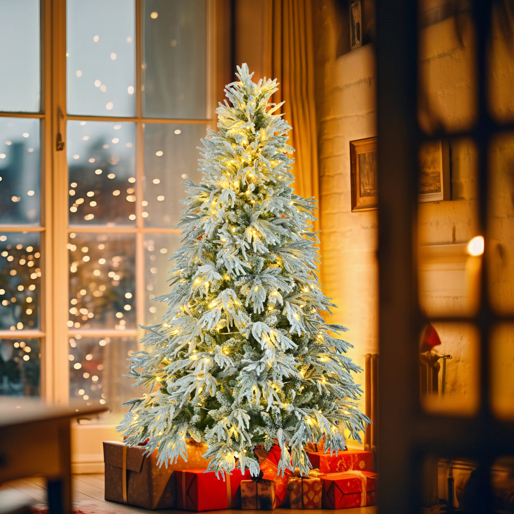 koorbiir ar1 6FT Pre-Lit Artificial Snow Flocked Christmas Tree, Hinged Xmas Tree with 300 Multi-Color LED Lights, 8 Flashing Modes & 790 Snow Branch Tips for Holiday Home & Office D¨¦cor