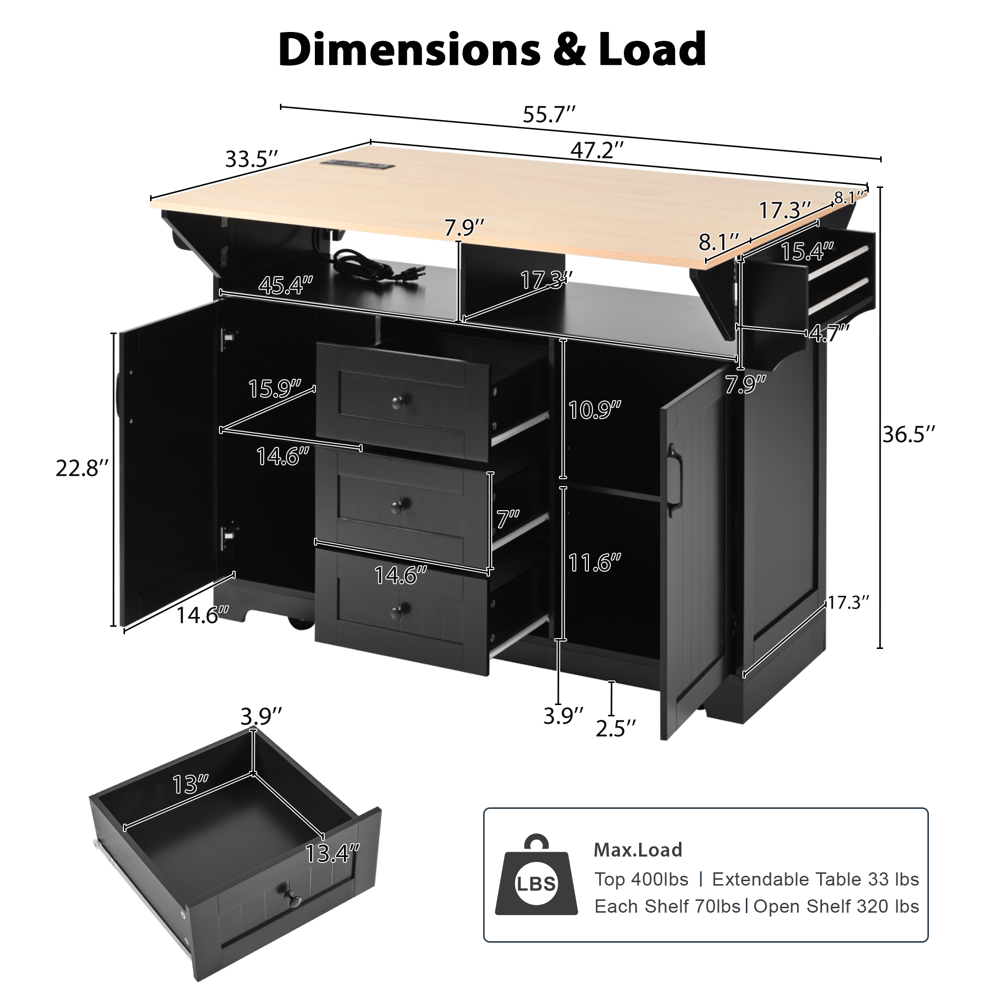 koorbiir k2 K&K 55.7" Large Kitchen Island with Storage, 2 Drop Leaves, Rolling Kitchen Cart with Power Outlet, Folding Dining Table, 3 Drawers & Spice/Towel Rack ¨C Mobile Kitchen Storage for Kitchen & Dining Room, Black