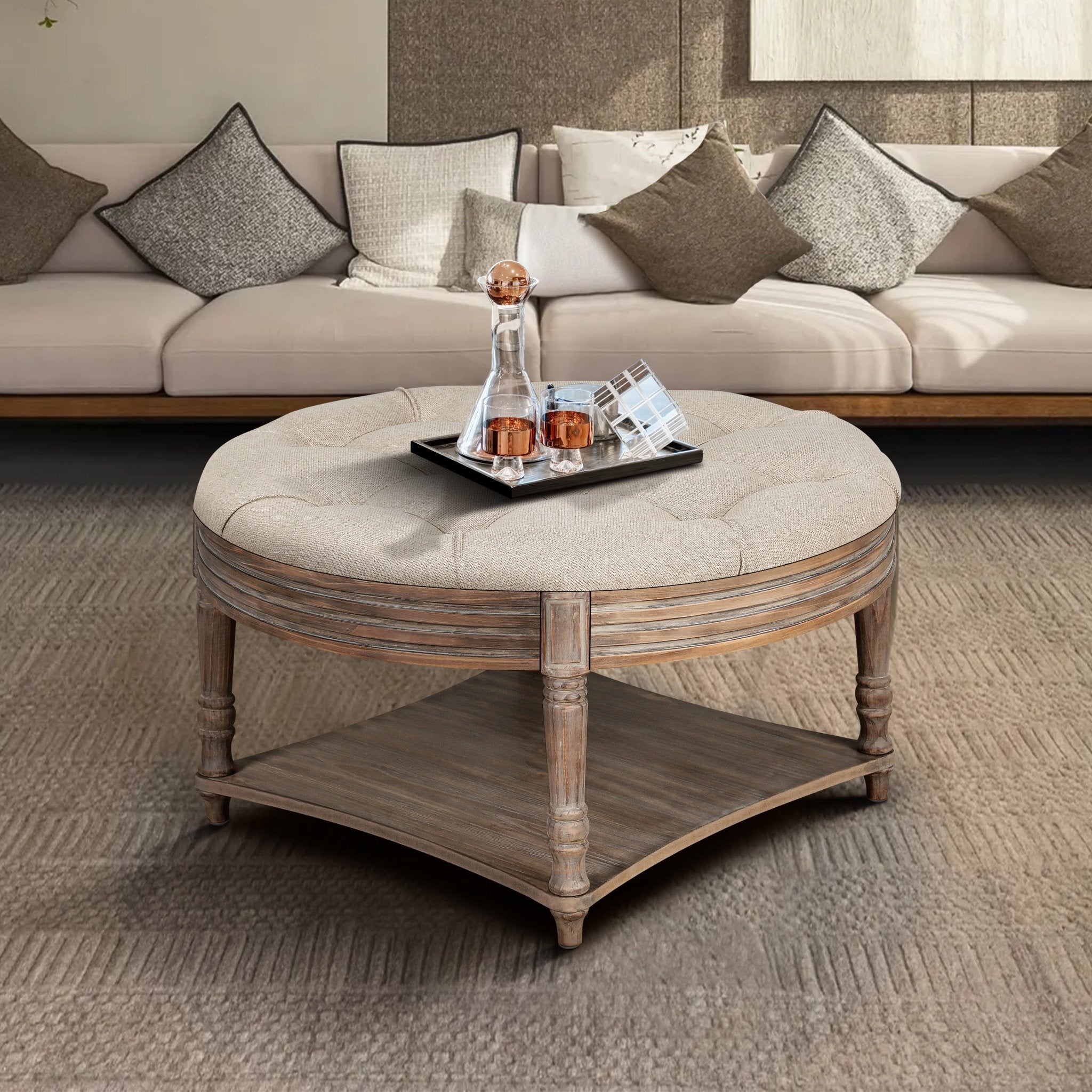 koorbiir ta2 Large Round Waterproof Ottoman Coffee Table with 2 - Tier Wooden Shelf ¨C Oversized Button Tufted Upholstered Footstool Ottoman, Farmhouse Style Table Linens (Light Gray) for Living Room - Koorbiir