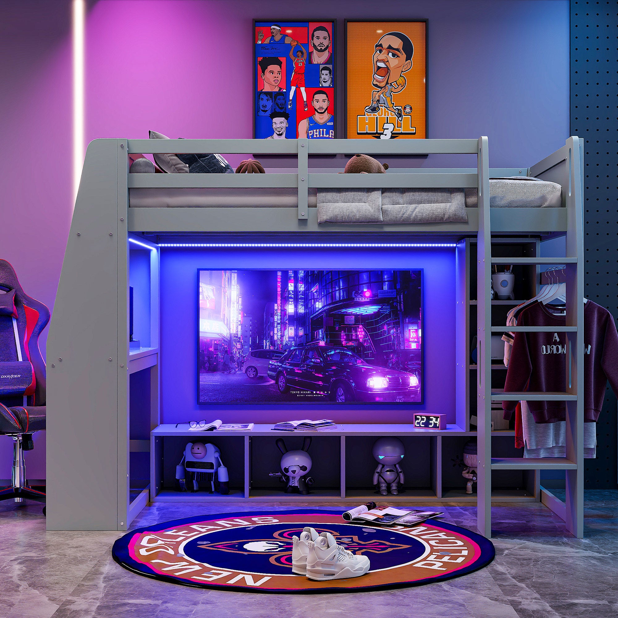 koorbiir G4 Wood Full Size Gaming Loft Bed with Built-In Gaming Desk, Multi-Storage Shelves, LED & Hanging Clothes Rack ¨C Gray