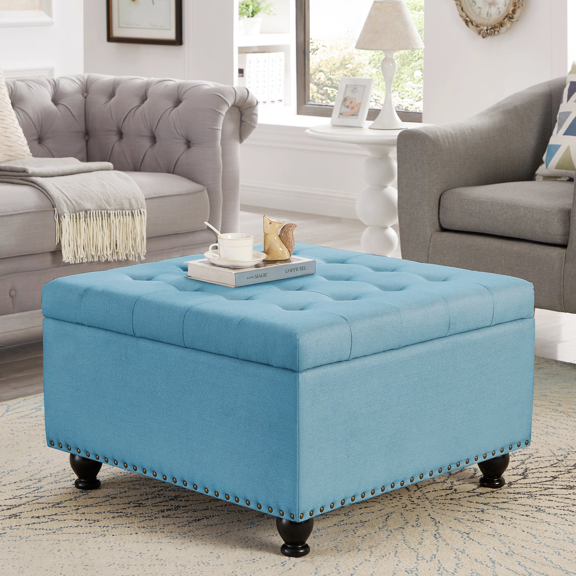 koorbiir ta4 Large Square Storage Ottoman with Wooden Legs ¨C Upholstered Button Tufted Coffee Table with Nail Trims, Multi-Functional Footrest, Table Linens for Living Space