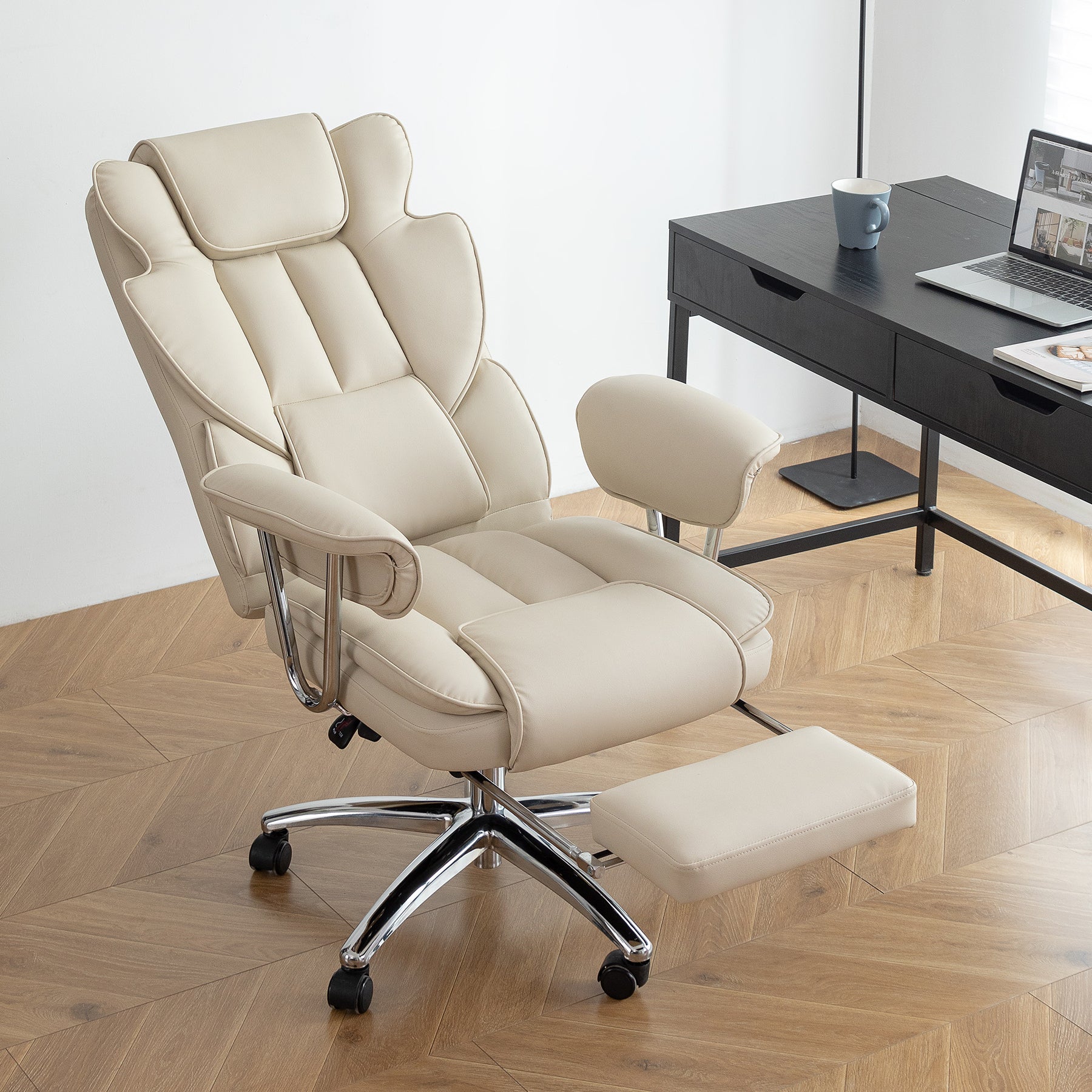 Office Chair, Big and Tall Executive Office Chair with Footrest, Leather Computer Chair, Ergonomic Reclining Chair High Back , Large Home Office Chair (Beige)