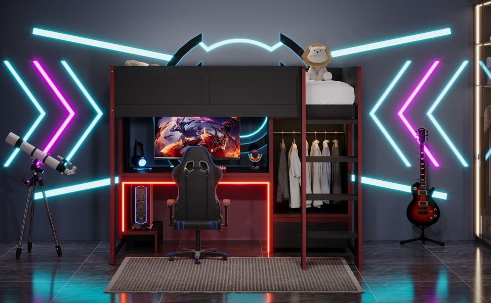koorbiir G1 Wood Full-Size Gaming Loft Bed with Built-In Gaming Desk, Wardrobe, LED Lighting & Drawer ¨C Black