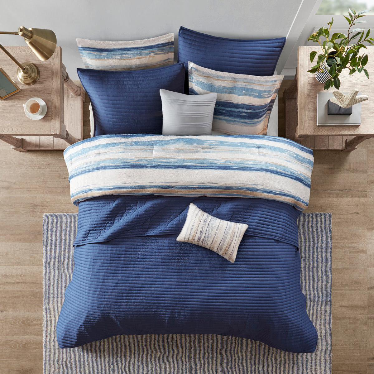 8-Piece Blue Seersucker Comforter & Quilt Set ¨C King/Cal King Bedding Collections with Decorative Pillows & Shams