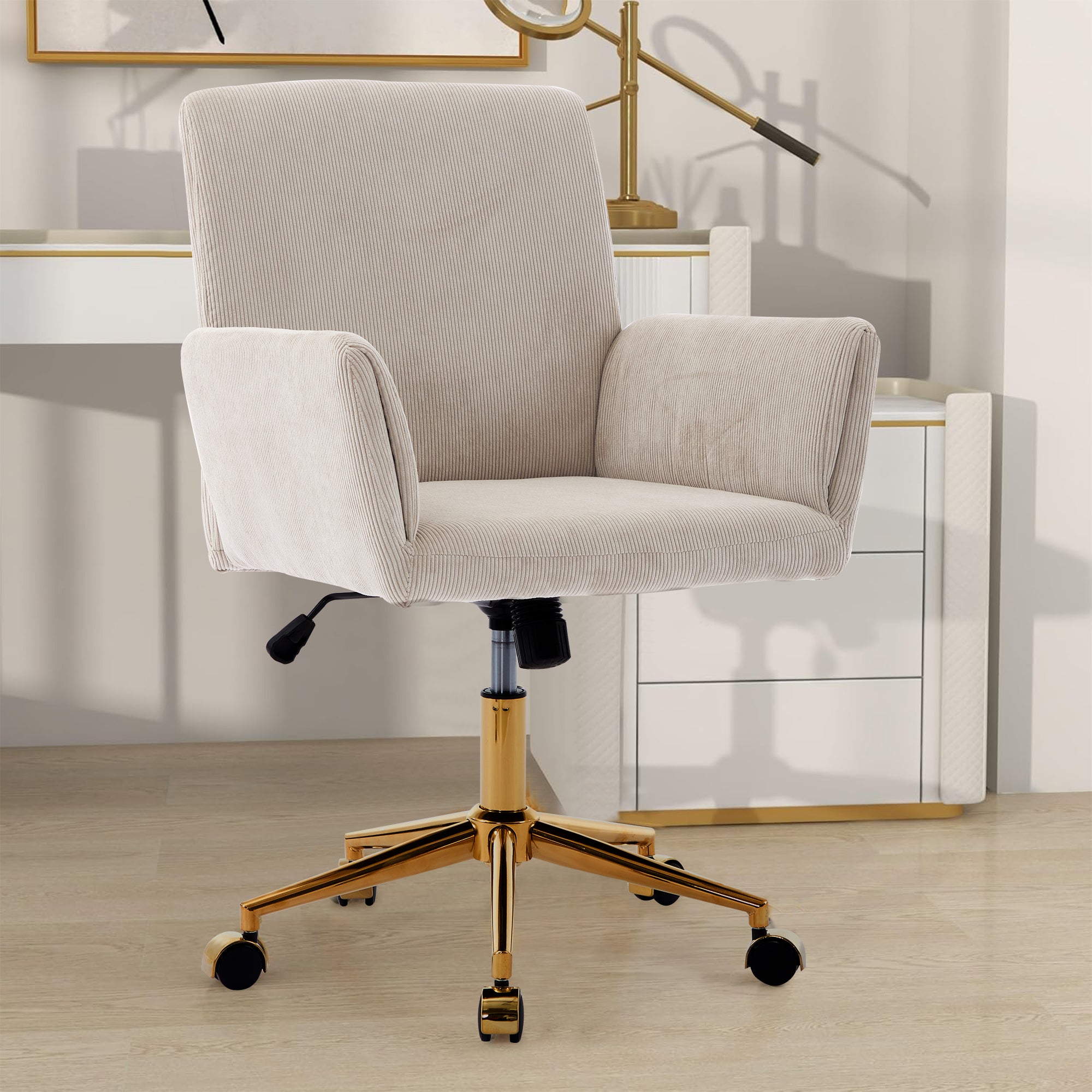 Koorbiir Corduroy home decor office desk and chair, modern height adjustable 360 ° armchair with gold base, ergonomic computer chair, leisure chair 1pc creamy white