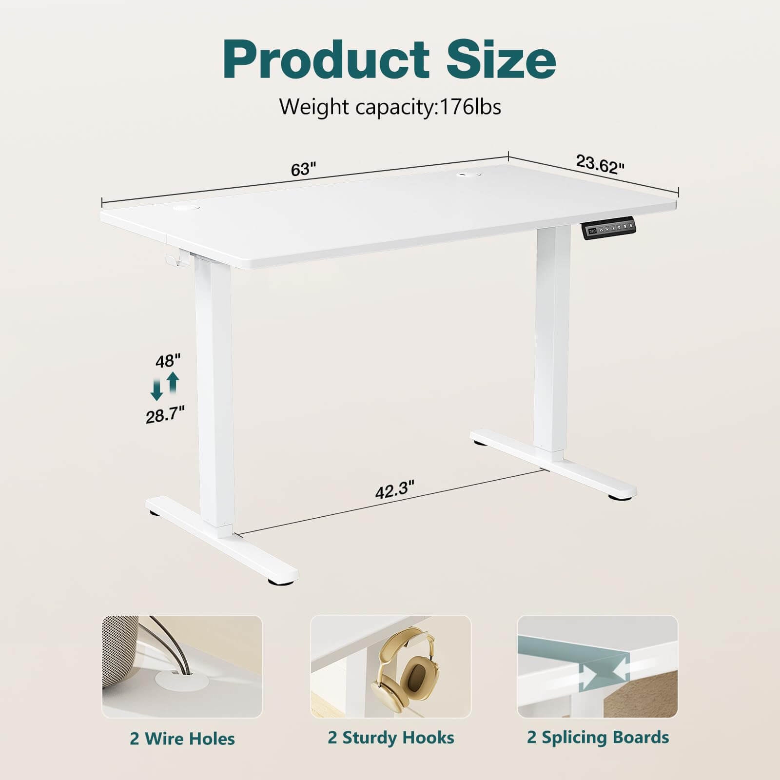 Electric Height Adjustable Standing Desk,Sit to Stand Ergonomic Computer Desk,White,63'' x 24"