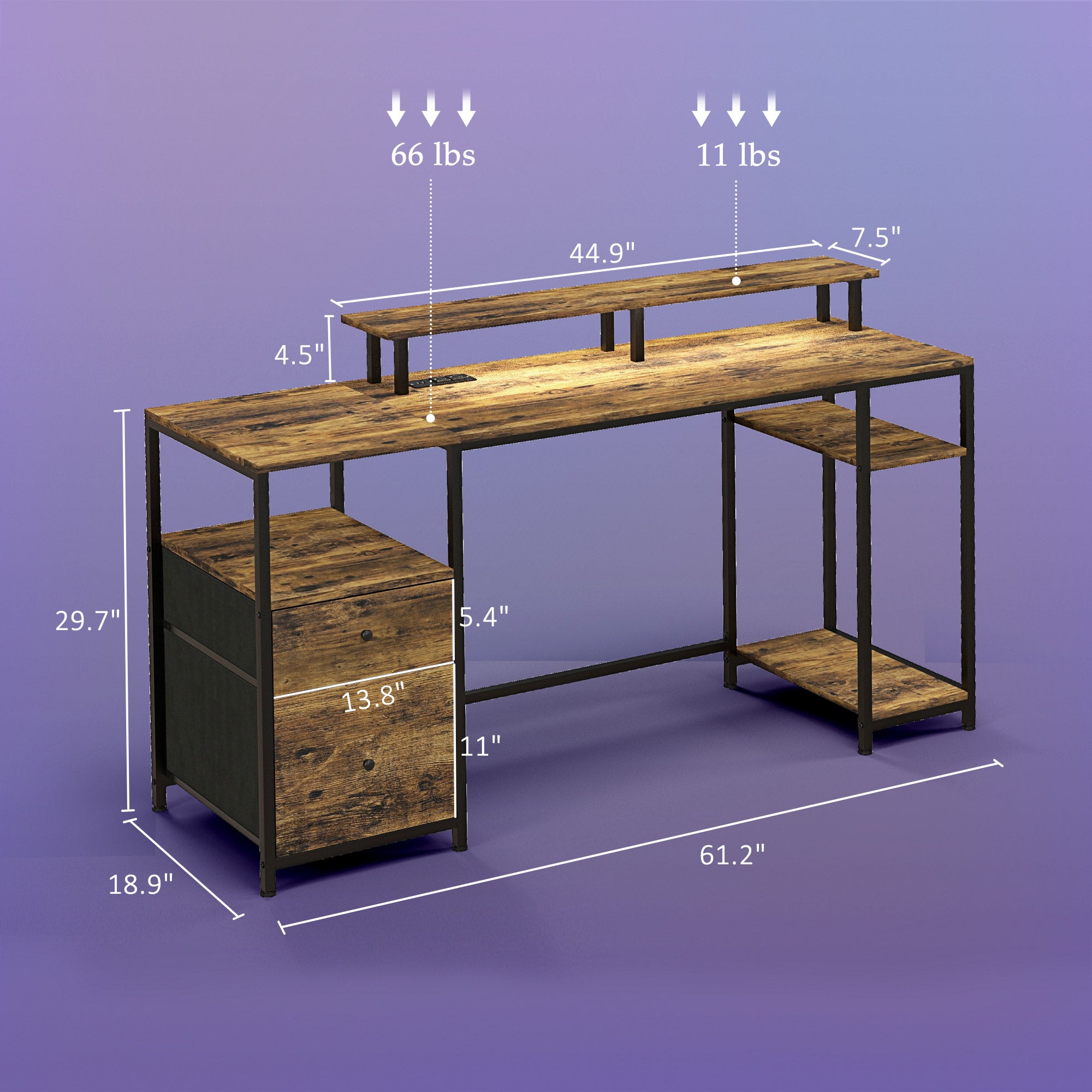 koorbiir d5 61" Standing Desk with LED Lights, Power Outlets, USB Ports, Storage Shelves, Monitor Stand & Drawers ¨C Rustic Brown