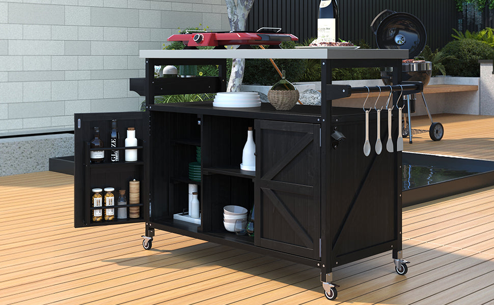 koorbiir k4 K&K Outdoor Kitchen Island & Rolling Bar Cart ¨C Solid Wood Grill Table with Stainless Steel Top, Spice & Towel Rack, Lockable Wheels for Patio, BBQ & Kitchen Storage, Grey Blue