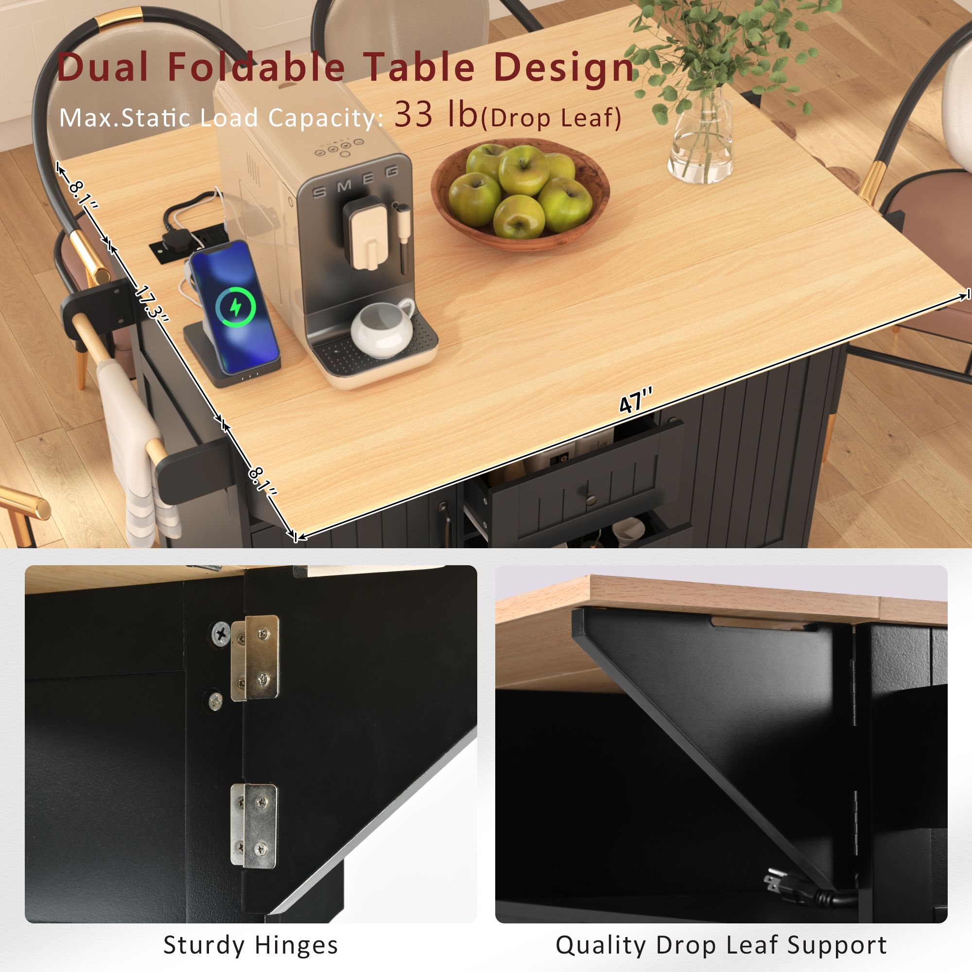koorbiir k2 K&K 55.7" Large Kitchen Island with Storage, 2 Drop Leaves, Rolling Kitchen Cart with Power Outlet, Folding Dining Table, 3 Drawers & Spice/Towel Rack ¨C Mobile Kitchen Storage for Kitchen & Dining Room, Black
