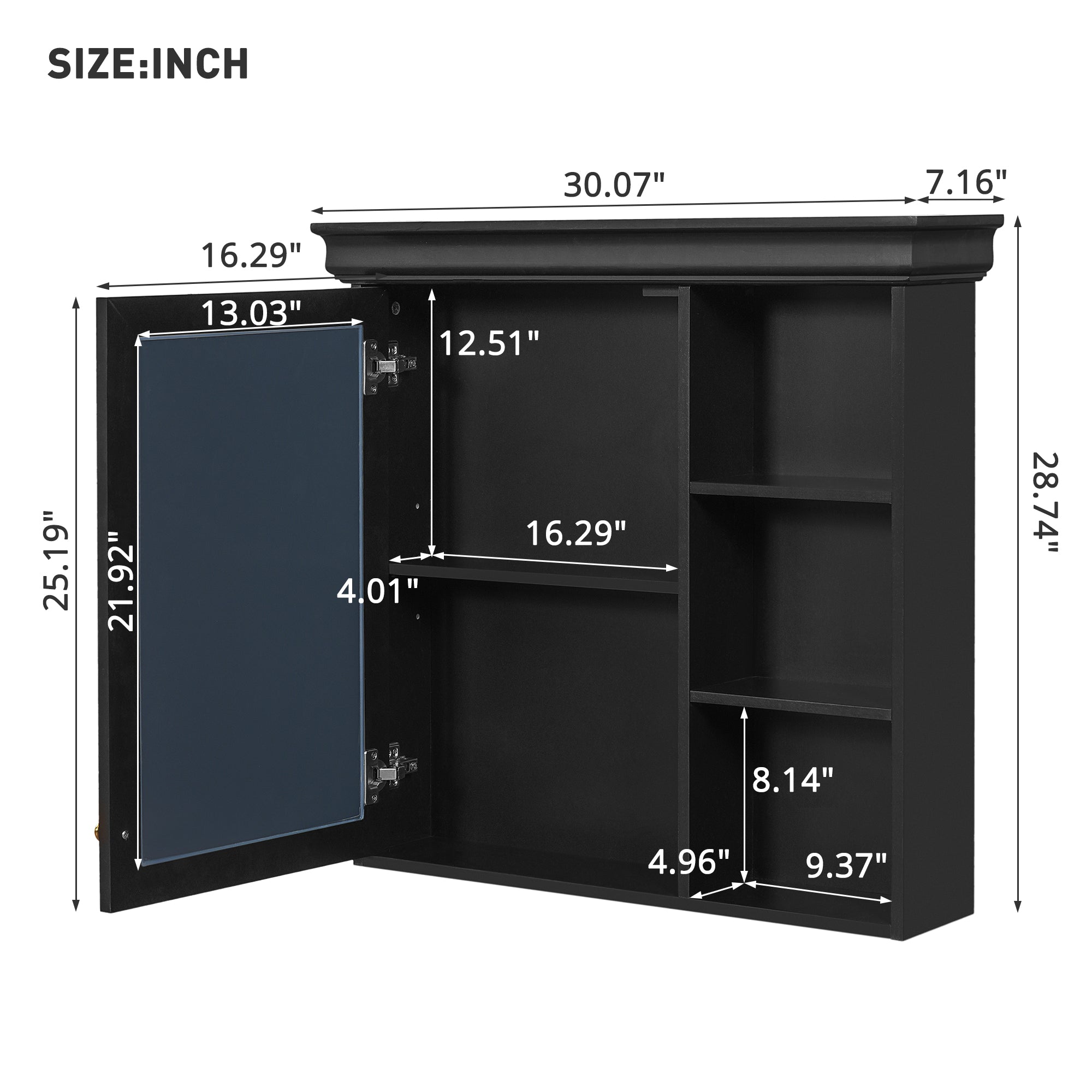 30'' x 28'' Wall-Mounted Bathroom Medicine Cabinet with Mirror ¨C Over Toilet Storage Organizer for Bathroom Organization, Black MDF Cabinet