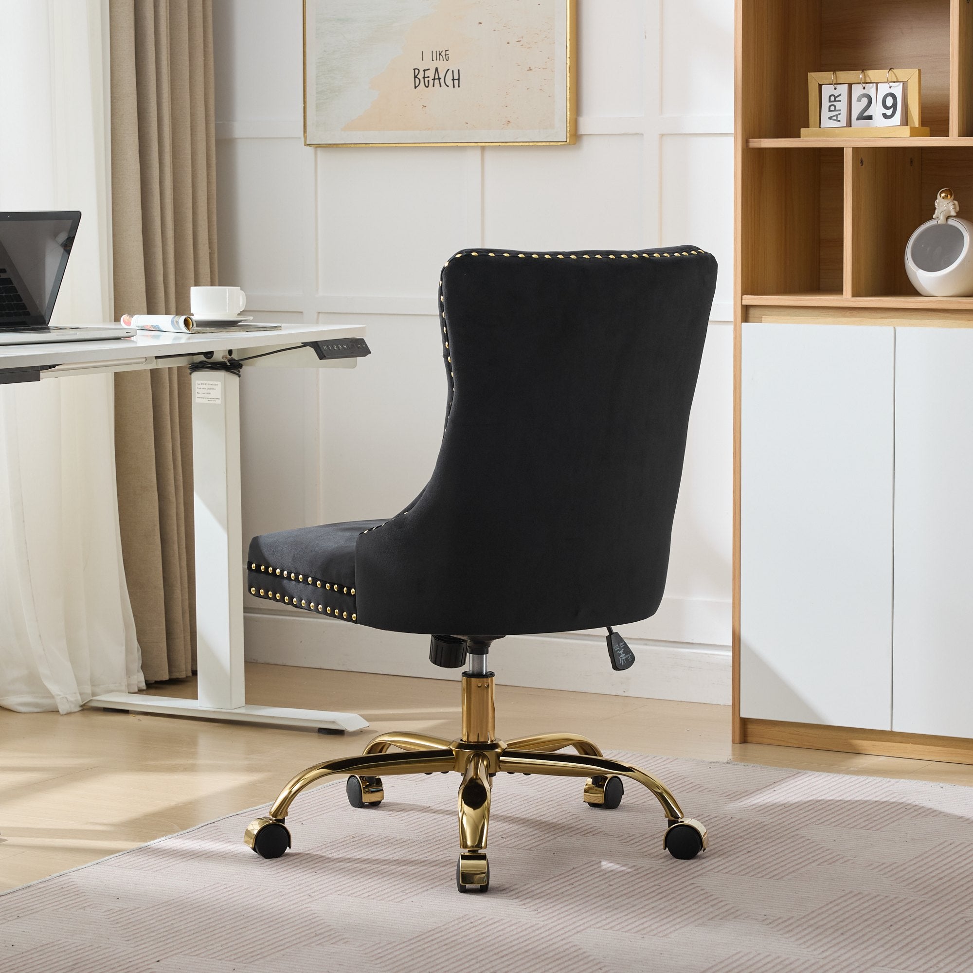 koorbiir o4 Modern Velvet Upholstered Office Chair with Tufted Button ¨C Adjustable Swivel Desk Chair with Gold Metal Base (Gray)