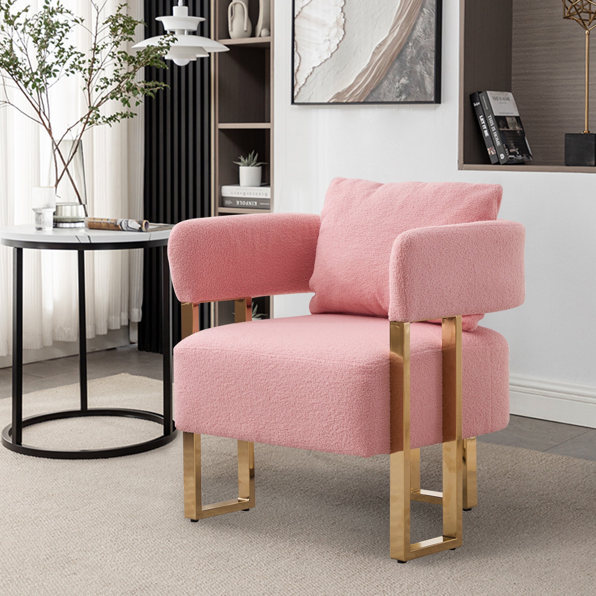 Koorbiir Modern decorative chair, living room side chair with gold metal legs, no wheels, suitable for dressing area, reception room, office,Teddy fleece upholstered metal foot sofa 1PC Pink