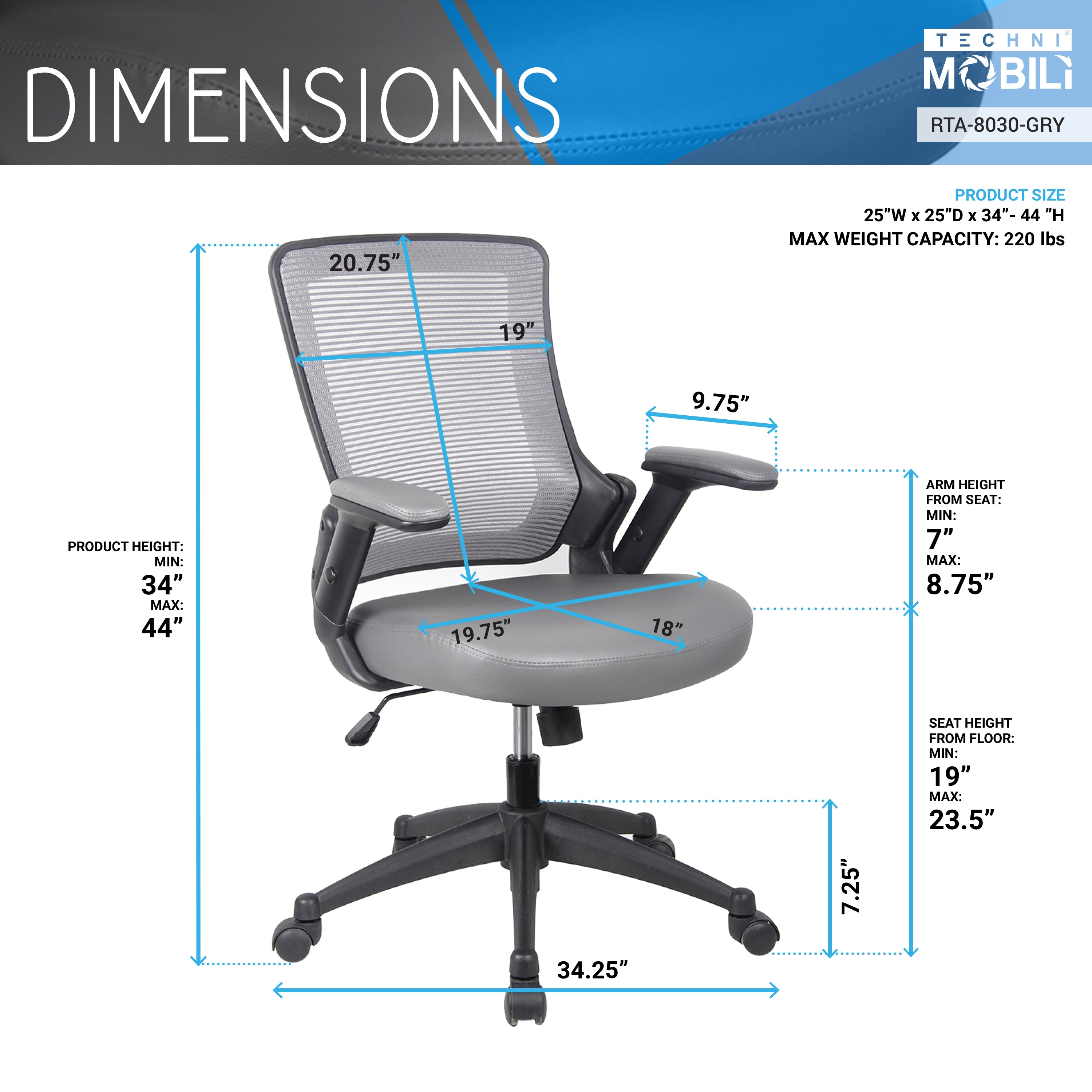 koorbiir m2 Mobili Mid-Back Mesh Chair with Height Adjustable Arms ¨C Grey Task Office Chair