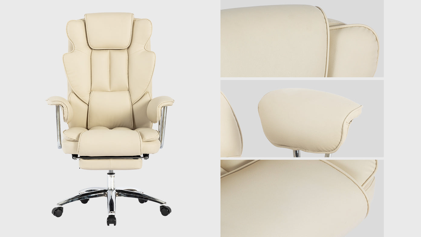 Office Chair, Big and Tall Executive Office Chair with Footrest, Leather Computer Chair, Ergonomic Reclining Chair High Back , Large Home Office Chair (Beige)