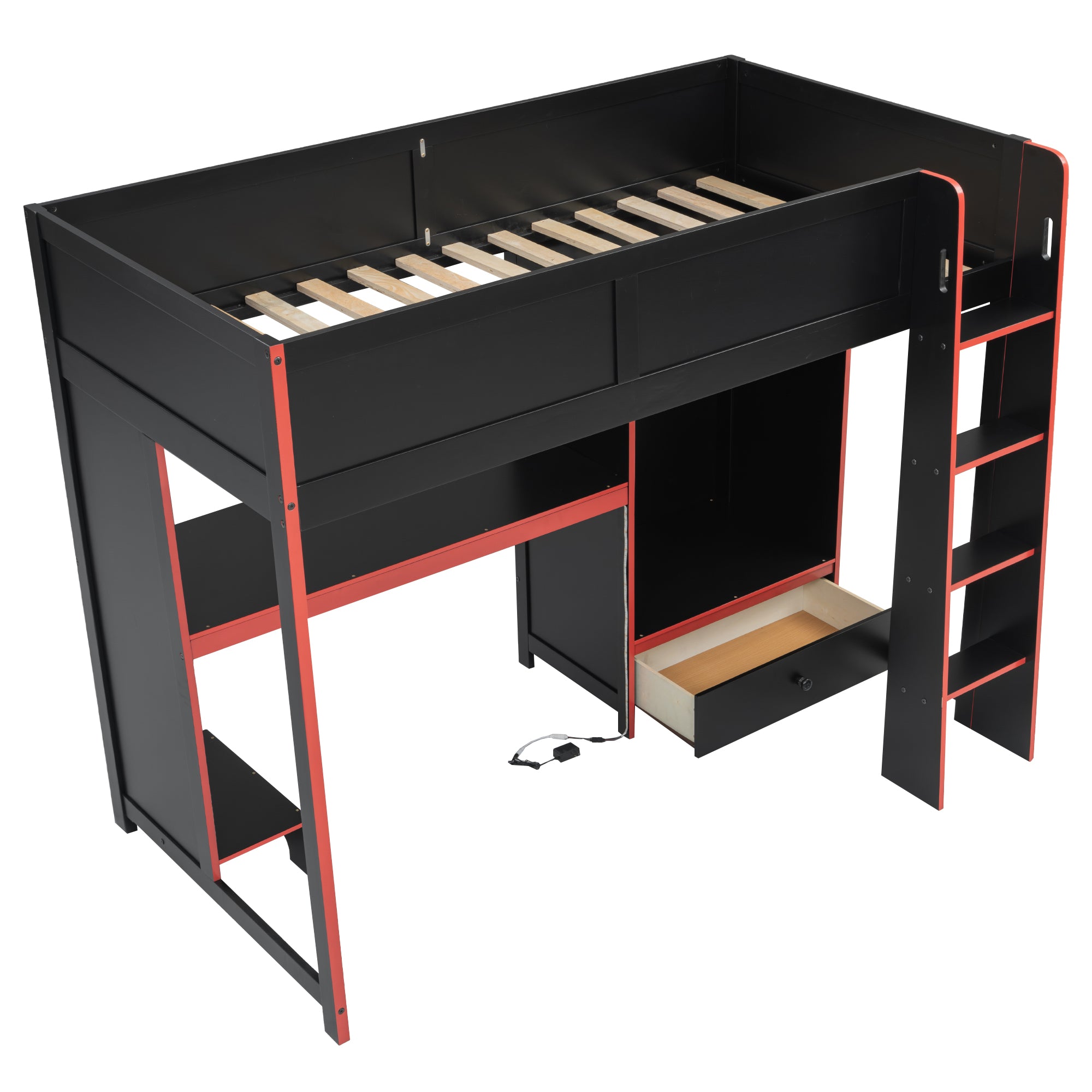 koorbiir G1 Wood Full-Size Gaming Loft Bed with Built-In Gaming Desk, Wardrobe, LED Lighting & Drawer ¨C Black