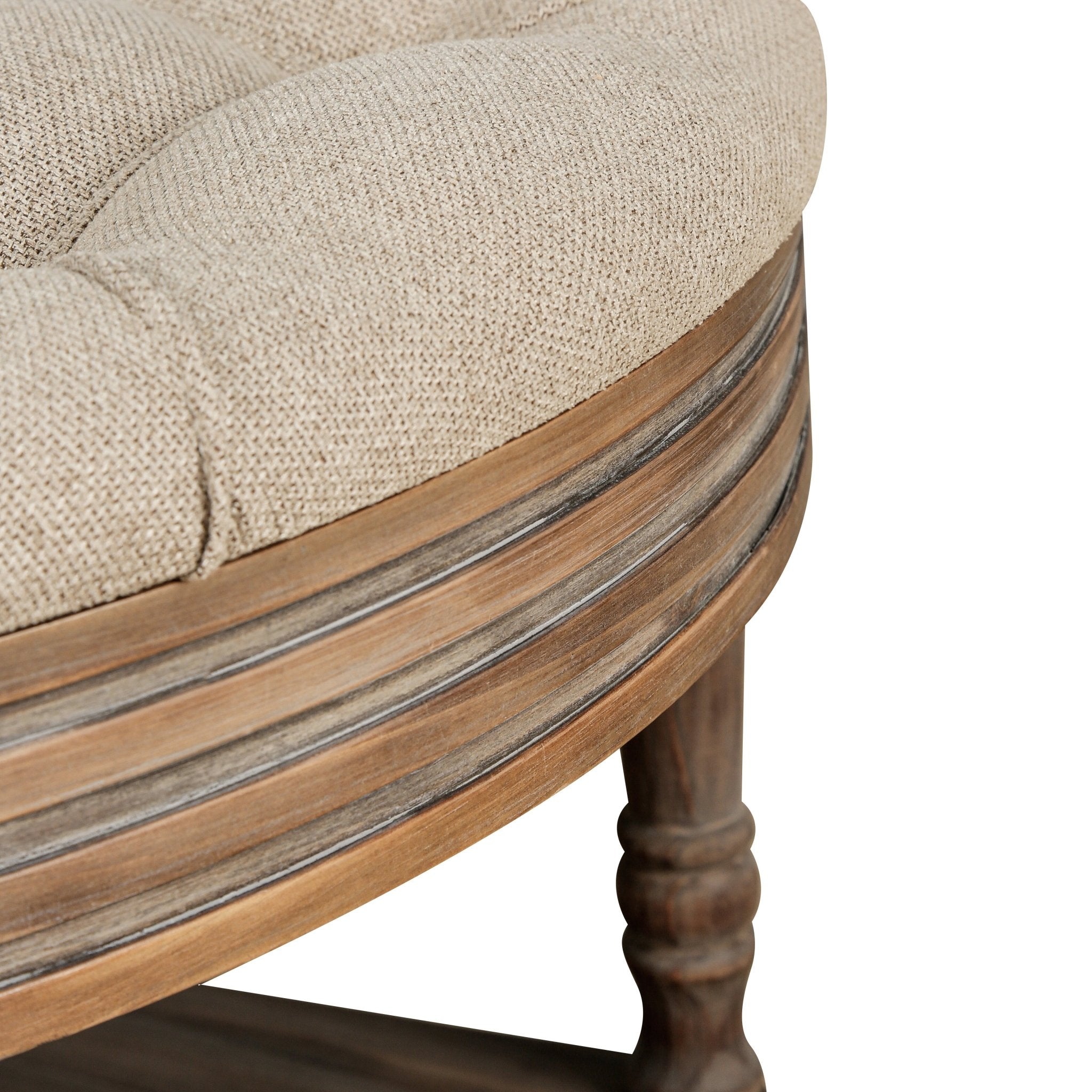 koorbiir ta2 Large Round Waterproof Ottoman Coffee Table with 2 - Tier Wooden Shelf ¨C Oversized Button Tufted Upholstered Footstool Ottoman, Farmhouse Style Table Linens (Light Gray) for Living Room - Koorbiir