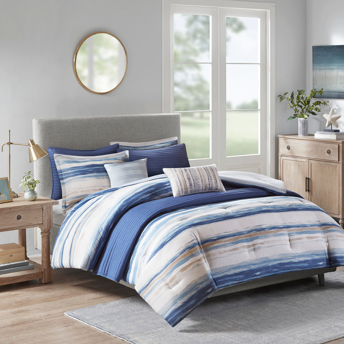 8-Piece Blue Seersucker Comforter & Quilt Set ¨C King/Cal King Bedding Collections with Decorative Pillows & Shams
