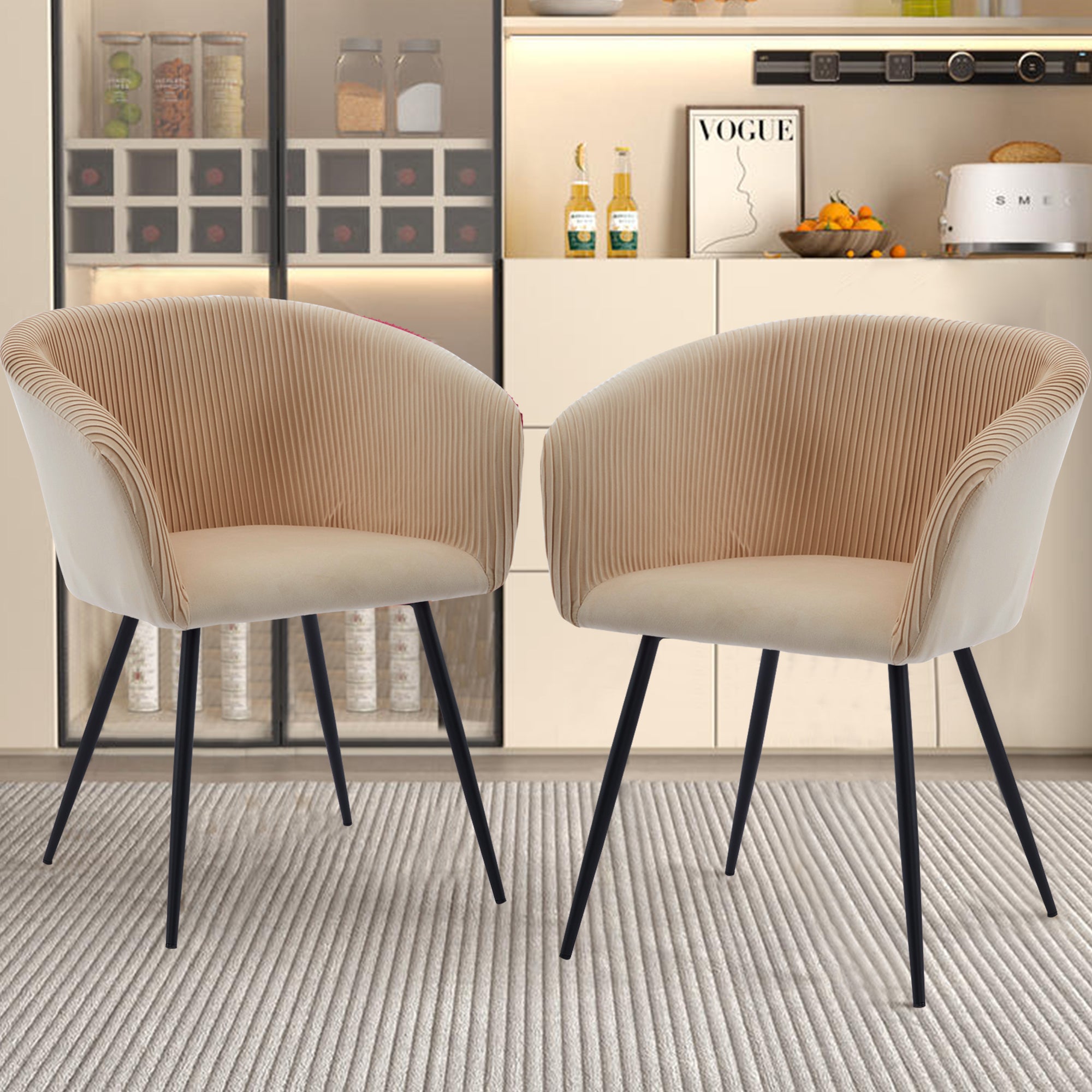 Koorbiir stripe dinding chair,Modern velvet kitchen chairs with armrests, cushioned bucket dining chairs, wheel less decorative chairs, dressing table chairs, 1pc creamy white