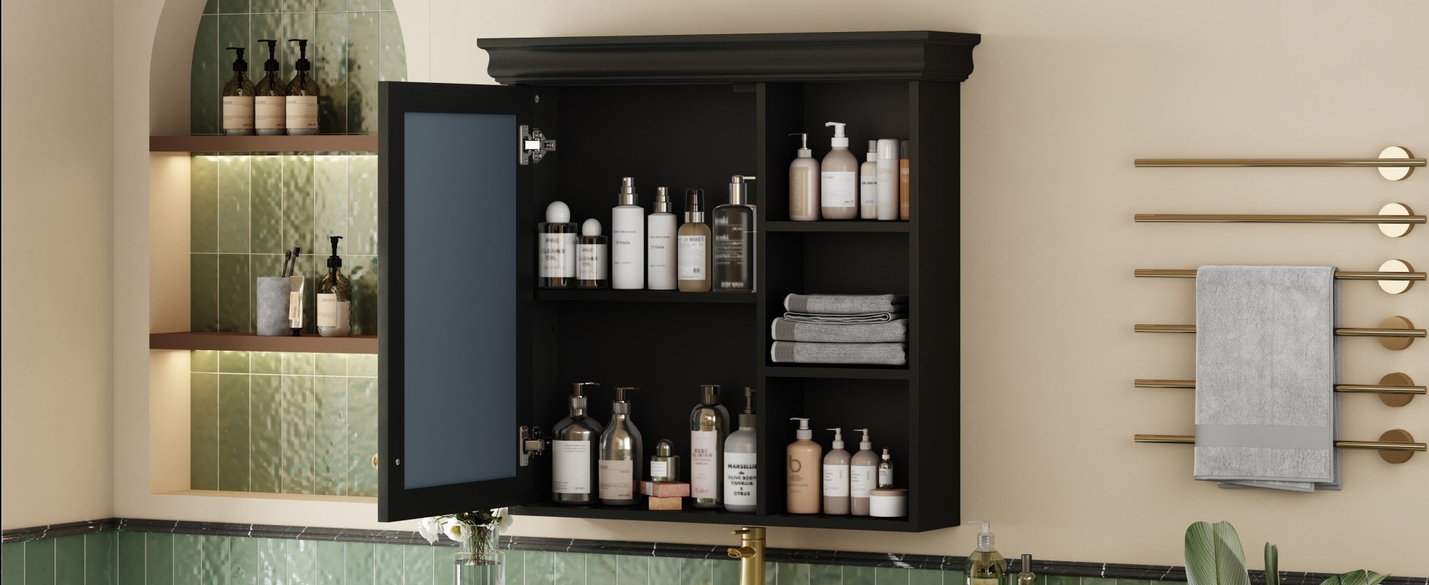 koorbiir ba6 30'' x 28'' Wall - Mounted Bathroom Medicine Cabinet with Mirror ¨C Over Toilet Storage Organizer for Bathroom Organization, Black MDF Cabinet - Koorbiir