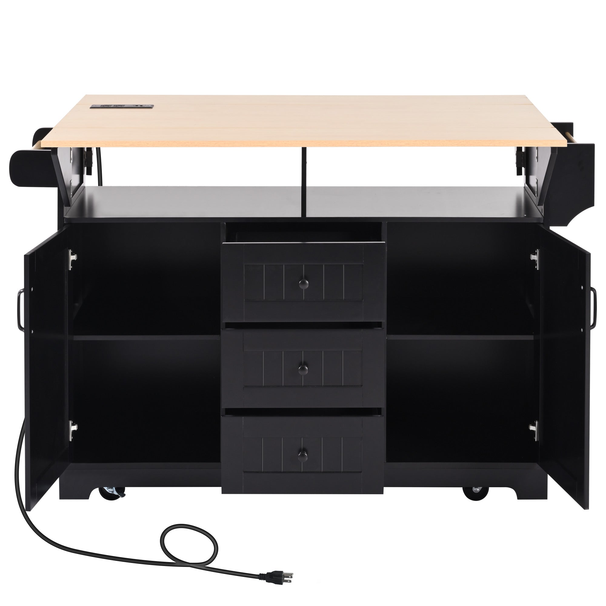 koorbiir k2 K&K 55.7" Large Kitchen Island with Storage, 2 Drop Leaves, Rolling Kitchen Cart with Power Outlet, Folding Dining Table, 3 Drawers & Spice/Towel Rack ¨C Mobile Kitchen Storage for Kitchen & Dining Room, Black