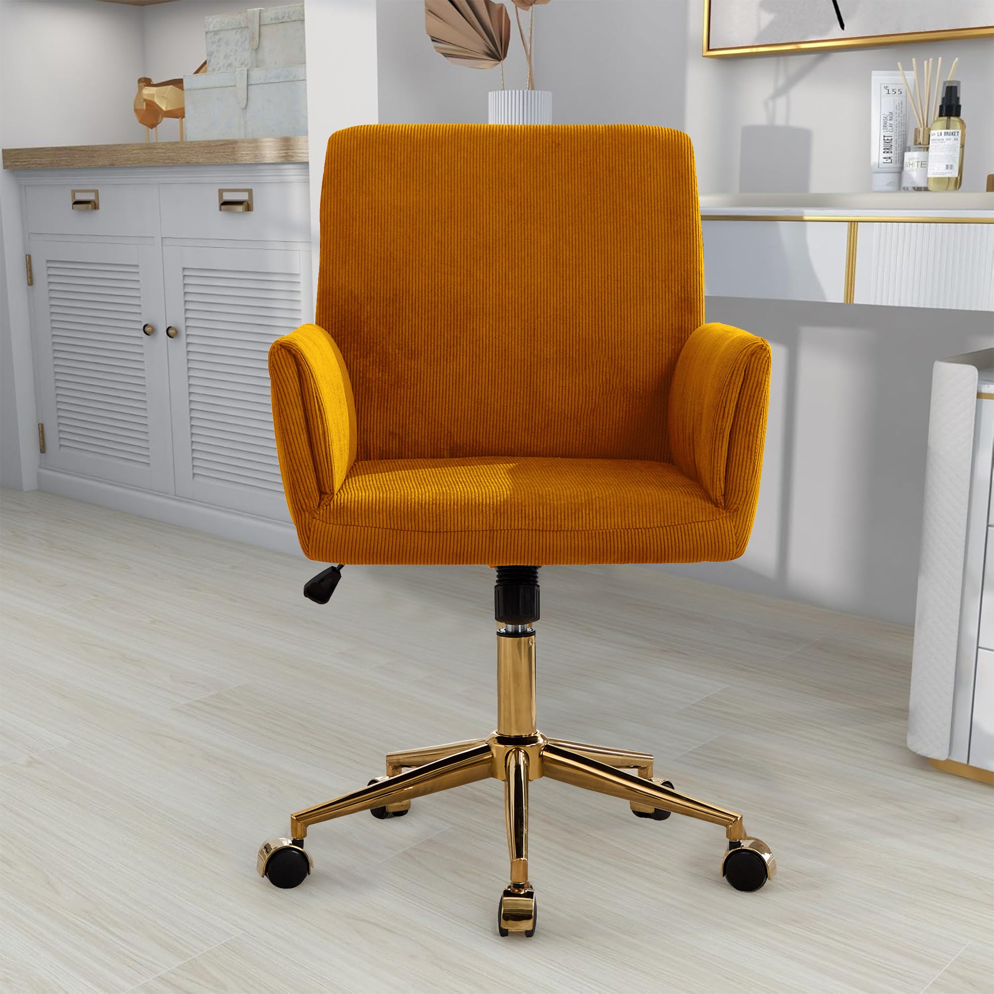 Koorbiir Corduroy home decor office desk and chair, modern height adjustable 360 ° armchair with gold base, ergonomic computer chair, leisure chair 1pc Yellow