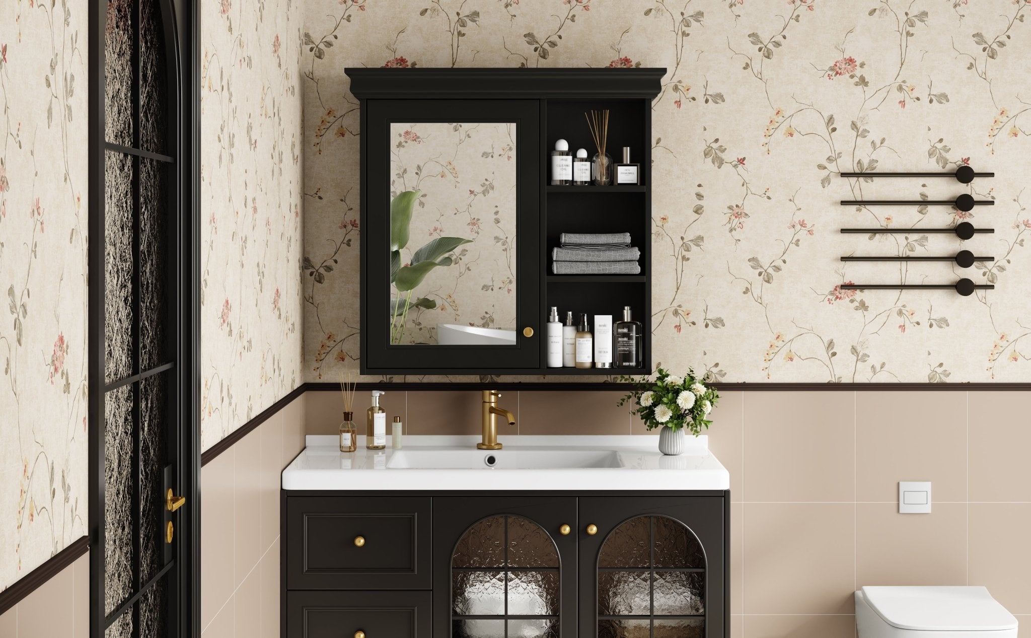 koorbiir ba6 30'' x 28'' Wall - Mounted Bathroom Medicine Cabinet with Mirror ¨C Over Toilet Storage Organizer for Bathroom Organization, Black MDF Cabinet - Koorbiir