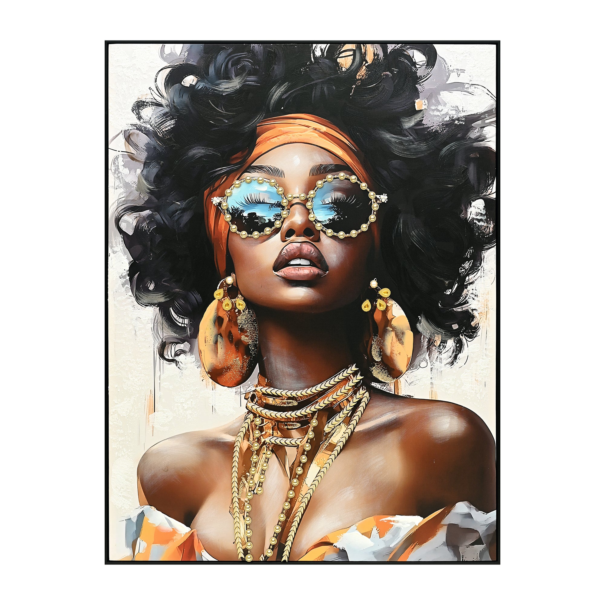 koorbiir w2 Black Girl Wall Art ¨C African American Woman with Curly Hair, Orange Headwrap, Sunglasses & Necklaces ¨C Afrocentric Canvas Painting for Home & Office