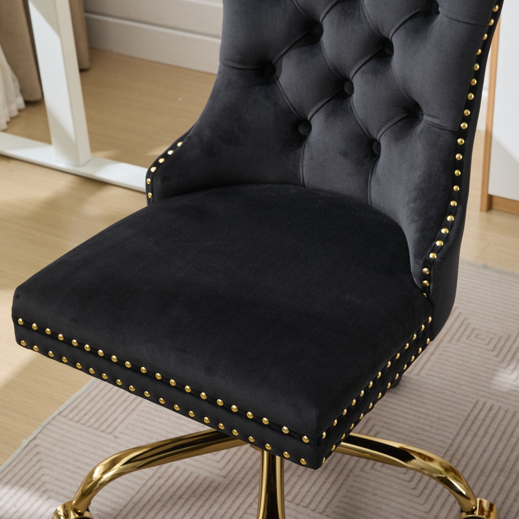 koorbiir o4 Modern Velvet Upholstered Office Chair with Tufted Button ¨C Adjustable Swivel Desk Chair with Gold Metal Base (Gray)