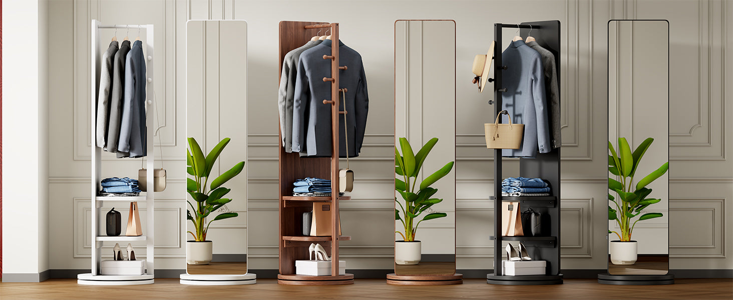 koorbiir mi1 360¡ã Rotating 66"x14" Full Length Mirror with Hook Storage Rack & Coat Rack, Solid Wood Floor Mirror for Bedroom, Living Room, Cloakroom - Space-Saving Design