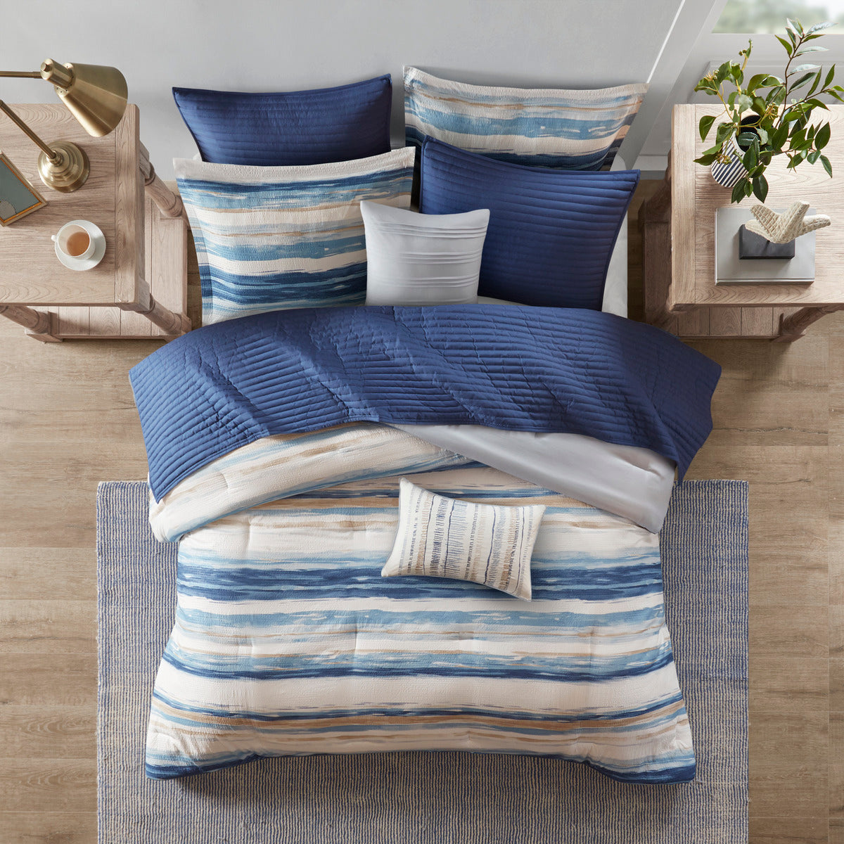 8-Piece Blue Seersucker Comforter & Quilt Set ¨C King/Cal King Bedding Collections with Decorative Pillows & Shams