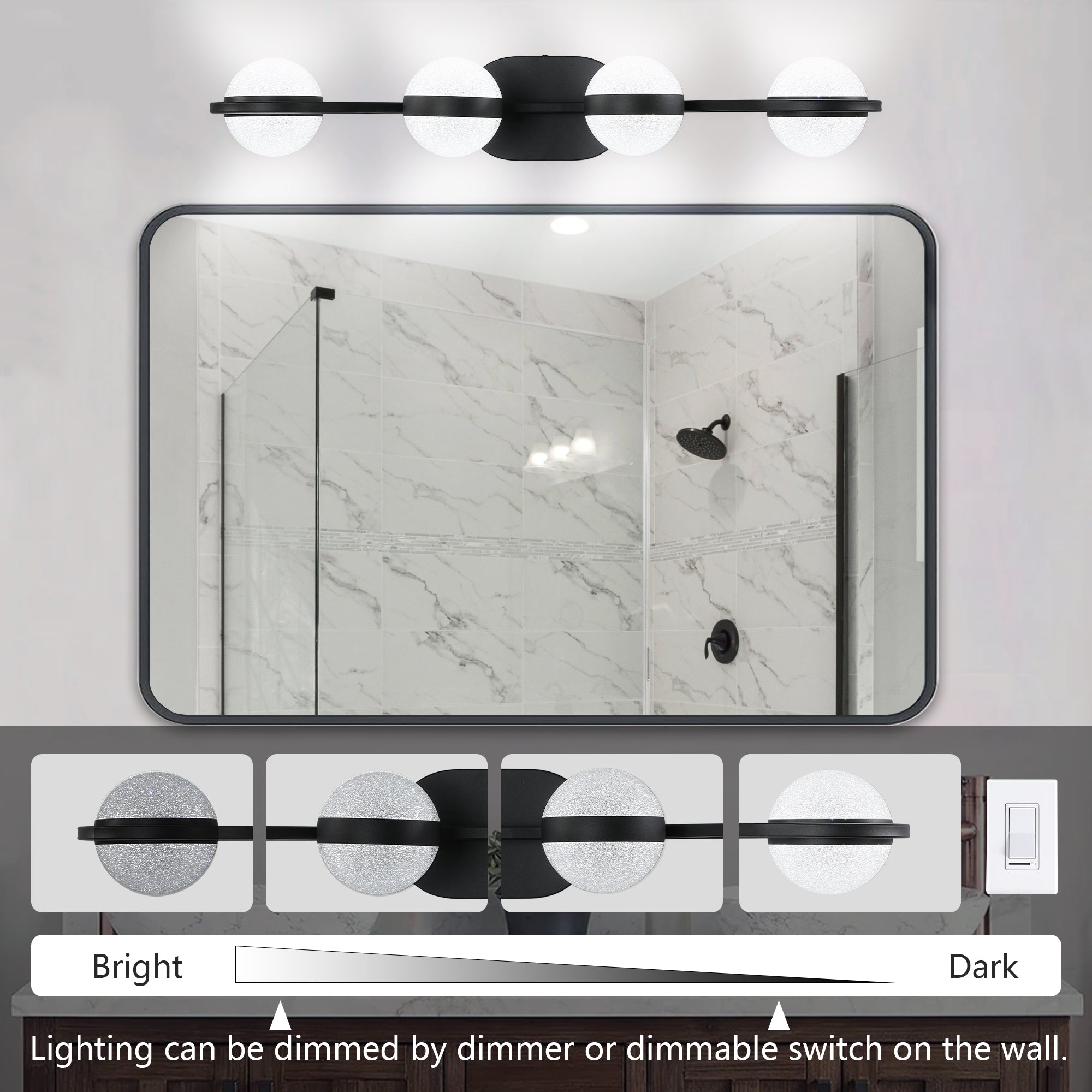 koorbiir L3 30 Black LED Bathroom Vanity Lighting Fixture with Crystal Acrylic Shades ¨C 4-Light Wall Mounted Modern Mirror Lighting