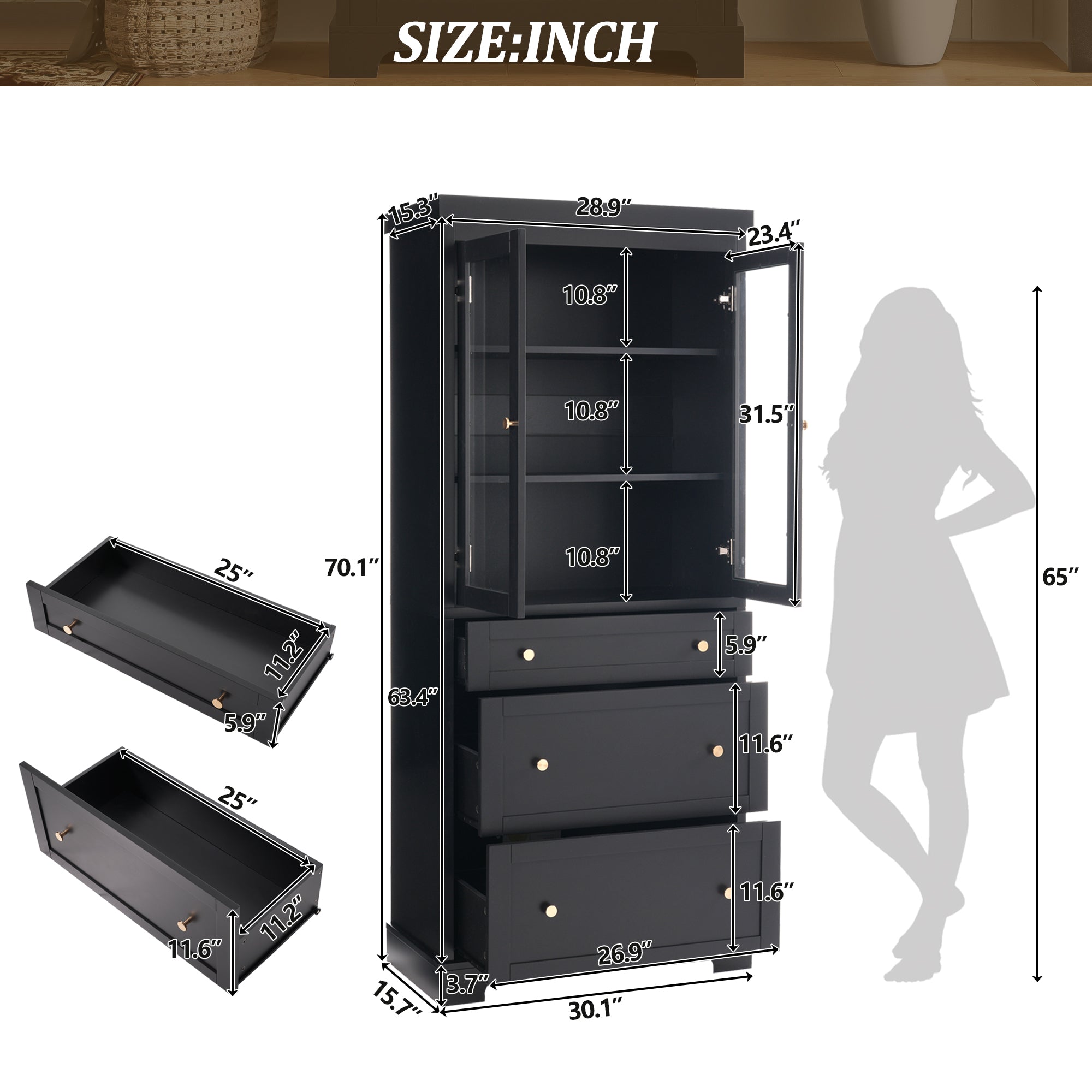 koorbiir k9 70.1" Modern High Freestanding Tall Bathroom Cabinet with 2 Adjustable Shelves & 3 Drawers ¨C Soft-Close Glass Doors, Luxury Metal Handles, Versatile Bathroom, Kitchen, and Living Room Storage