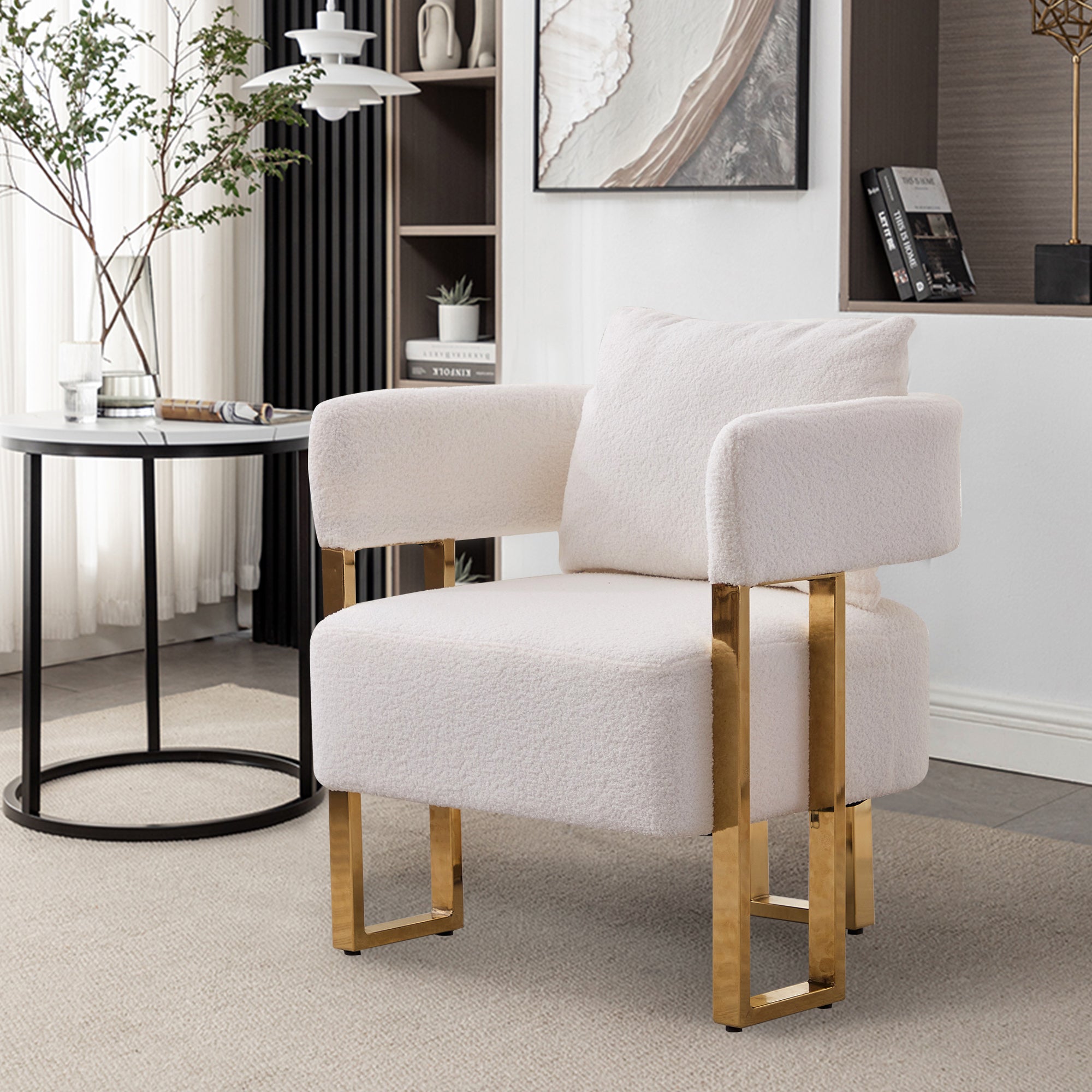 Koorbiir Modern decorative chair, living room side chair with gold metal legs, no wheels, suitable for dressing area, reception room, office,Teddy fleece upholstered metal foot sofa 1PC White