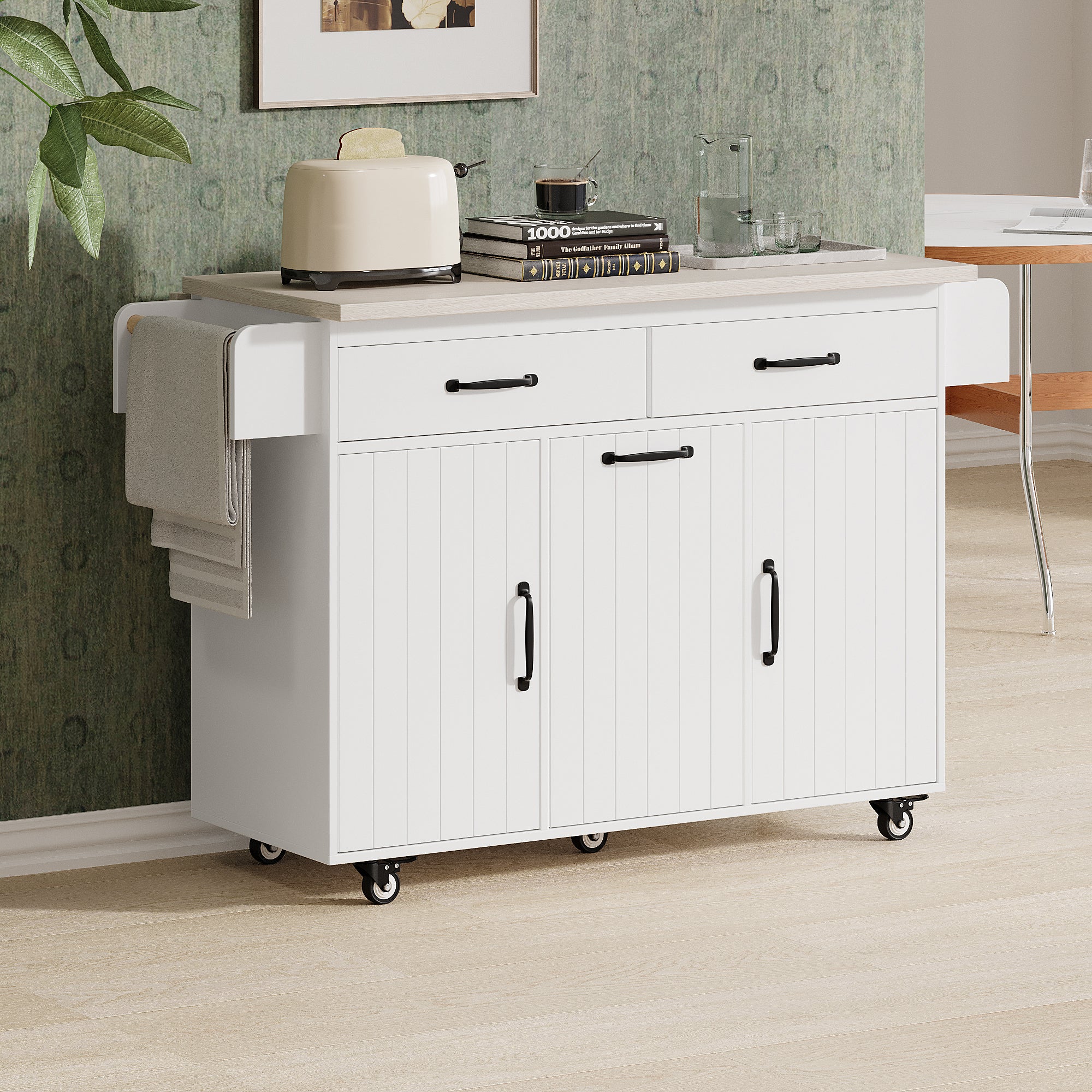 koorbiir k3 K&K Kitchen Island with Trash Can Storage, Drop Leaf Countertop, Spice & Towel Rack, Drawer Cabinet ¨C Rolling Kitchen Cart with Adjustable Shelves for Kitchen Storage, White