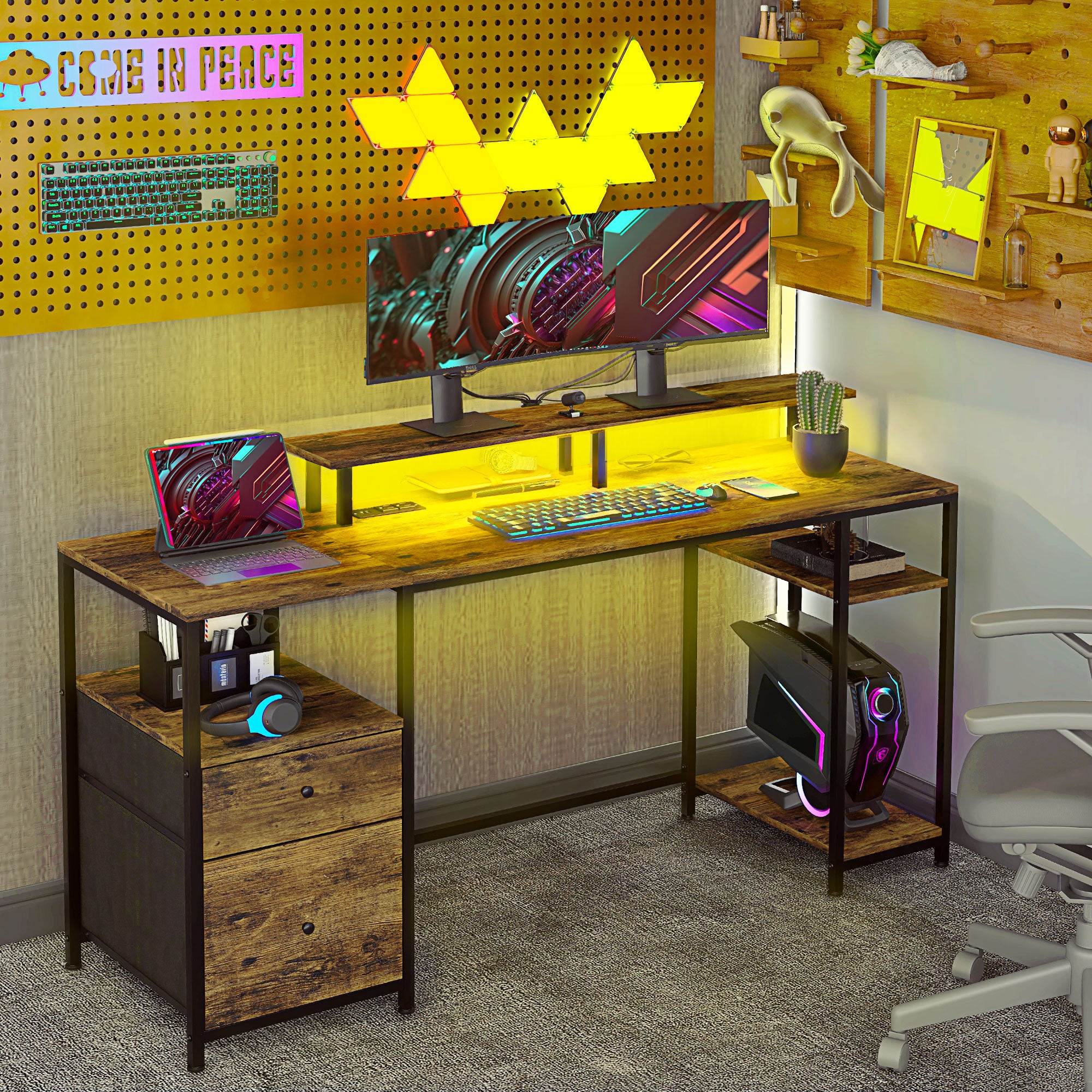koorbiir d5 61" Standing Desk with LED Lights, Power Outlets, USB Ports, Storage Shelves, Monitor Stand & Drawers ¨C Rustic Brown