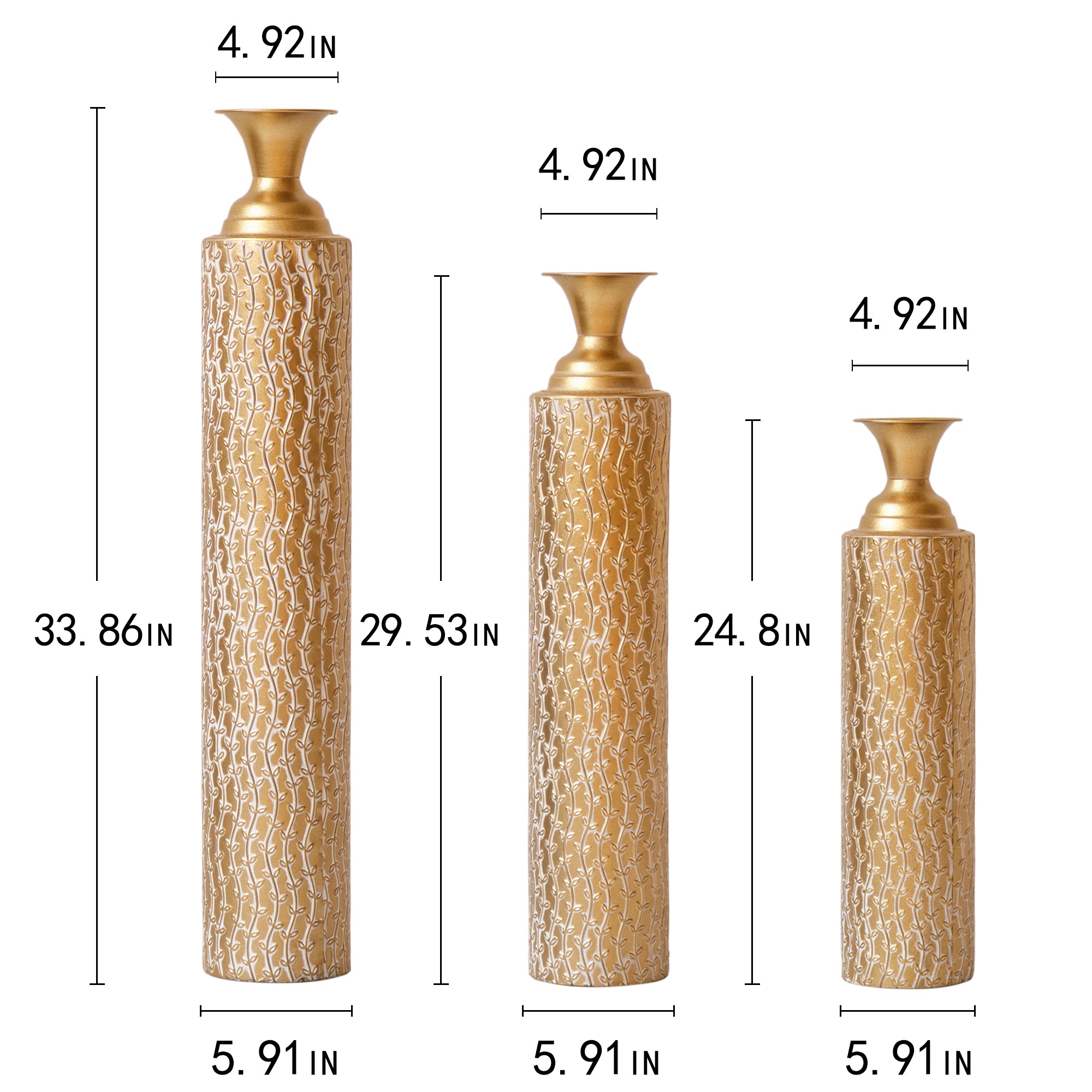 koorbiir va1 Set of 3 Gold Metal Decorative Vases ¨C Distressed Tall Floor Vases with Vine Patterns, Home D¨¦cor Centerpiece Vases (34", 29", 25"H)