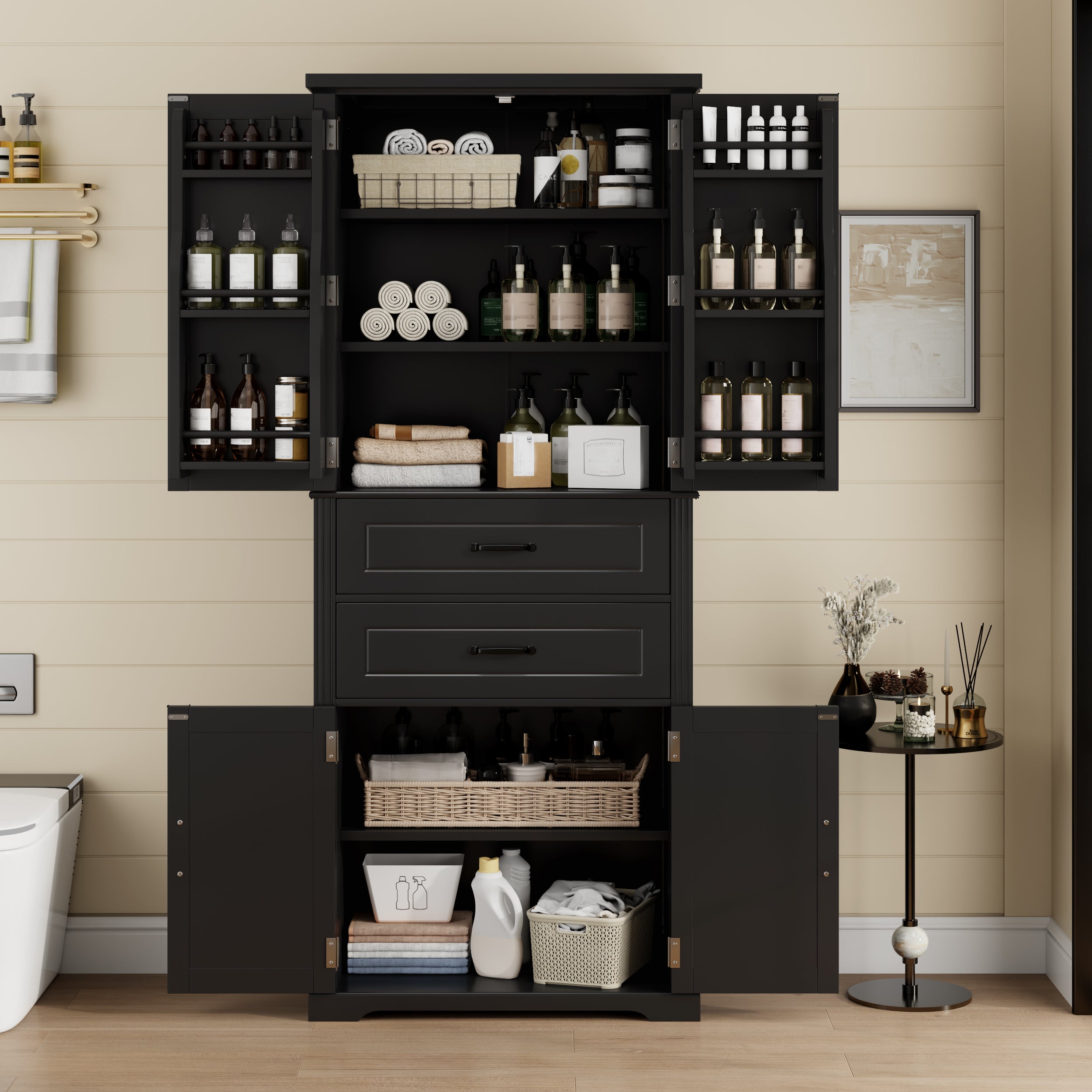 koorbiir k8 Black Storage Cabinet with Adjustable Shelves and 2 Smooth-Gliding Drawers ¨C Multi-Functional Kitchen, Bathroom, Dining, and Living Room Storage Solution