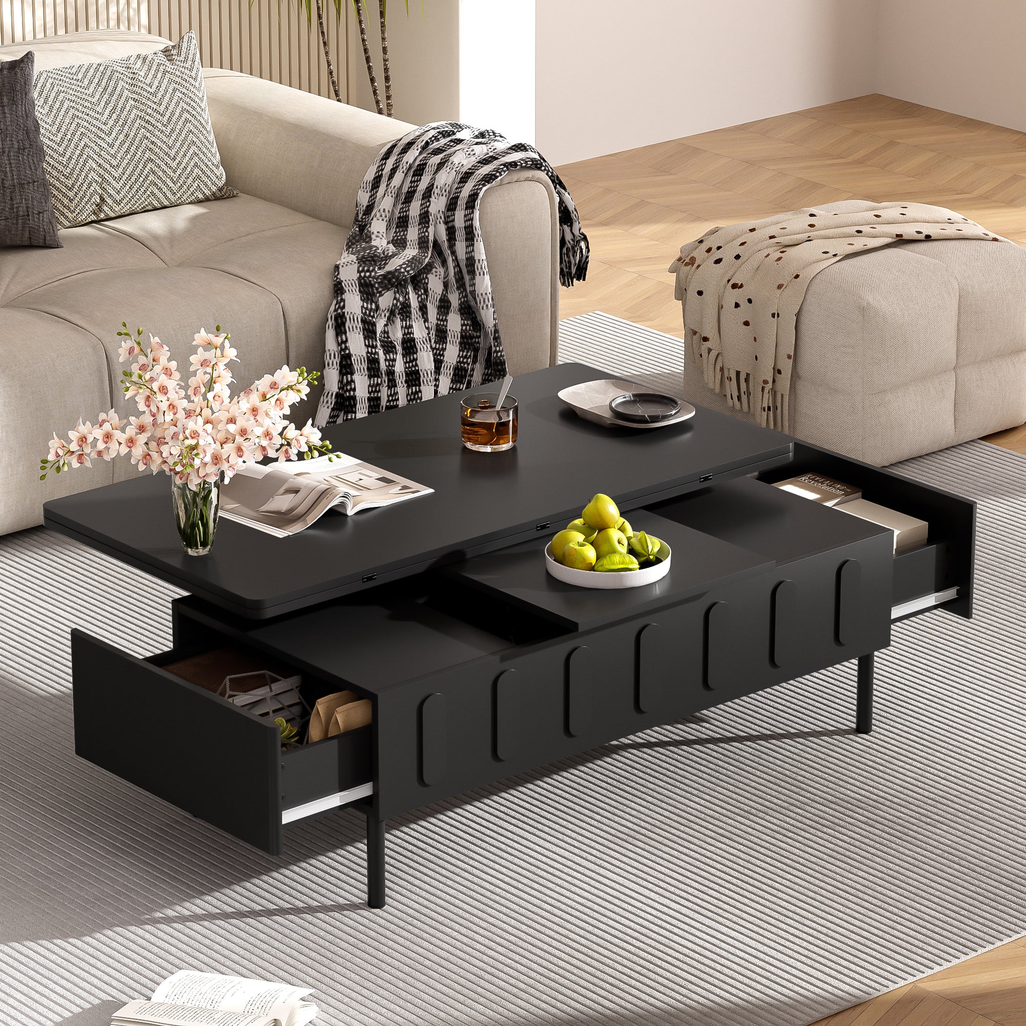 koorbiir f1 Folding Lift-Top Coffee Table with Drawers and Hidden Storage, Modern Space-Saving Center Table with Adjustable Height and Flip Top for Living Room
