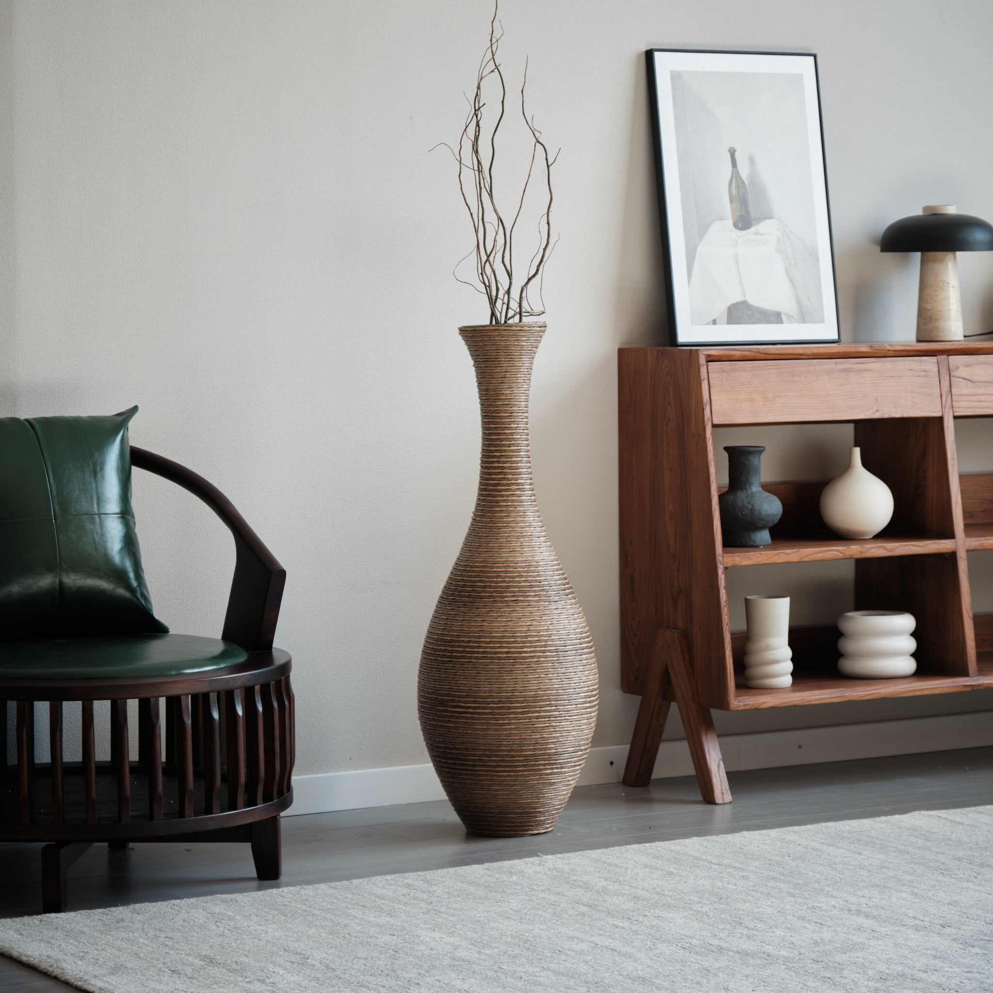 koorbiir va3 39 - Inch Tall Artificial Rattan Floor Vase in Beige ¨C Modern Decorative Vase for Living Room, Entryway, or Hallway ¨C Large Accent Vase for Dried or Silk Flowers - Koorbiir