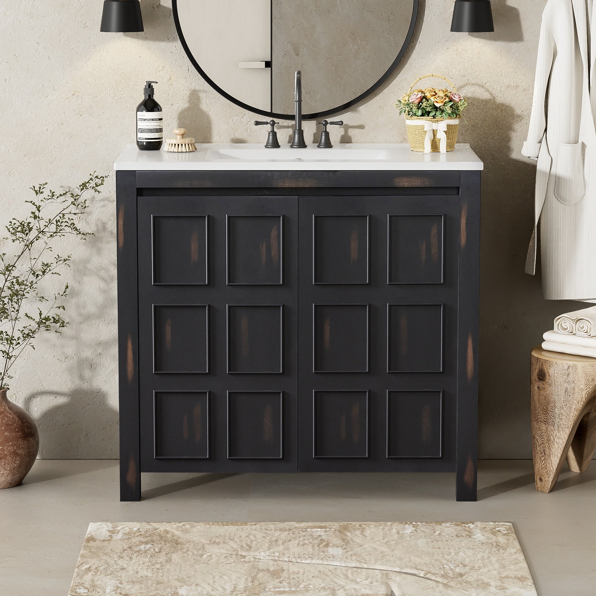36 Bathroom Vanity Organizer with Ceramic Sink ¨C Vintage Espresso Bathroom Storage Cabinet for Bathroom Organization
