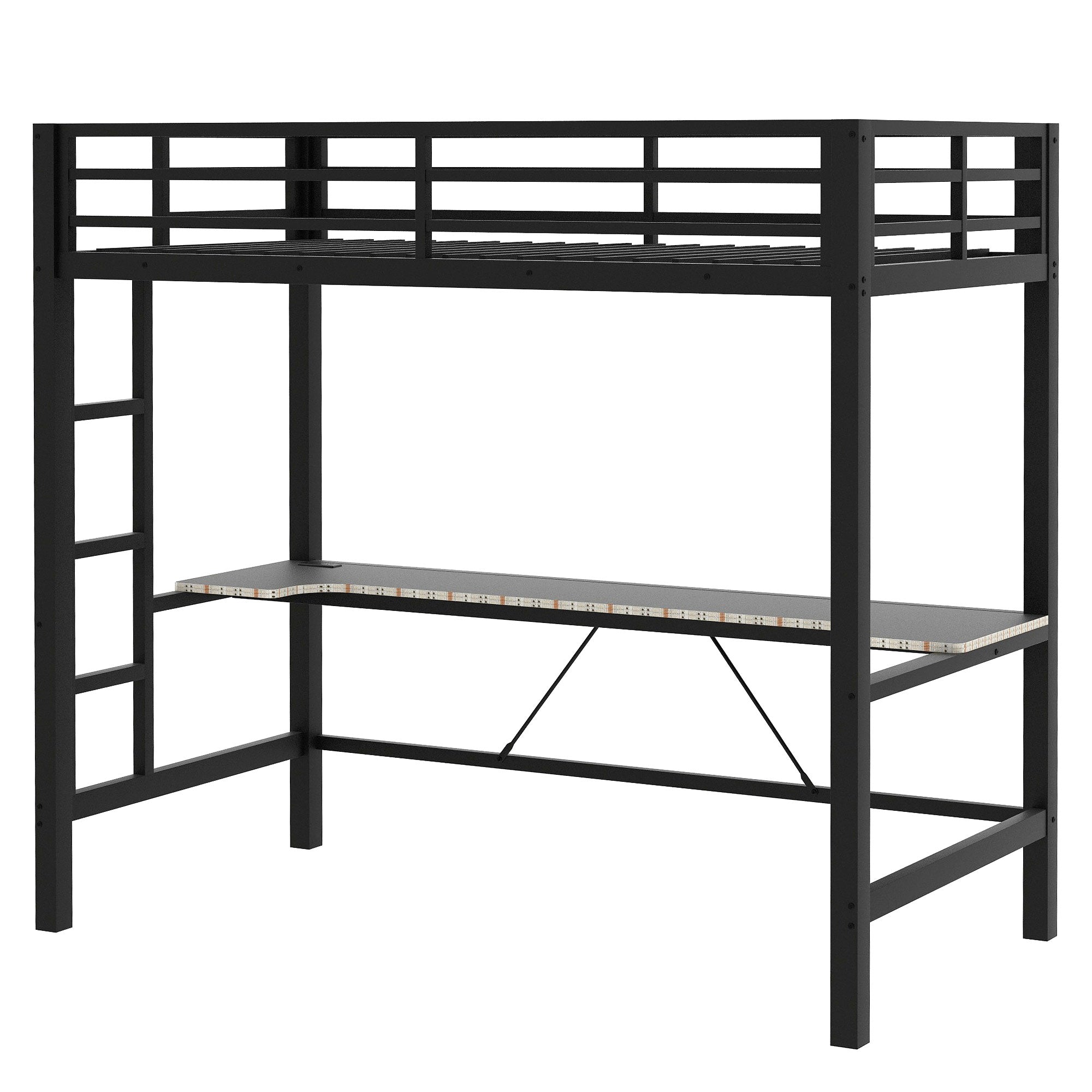 koorbiir G3 Full Size Metal Loft Bed with Built-In Gaming Desk, LED Light & USB Charging Station ¨C Black