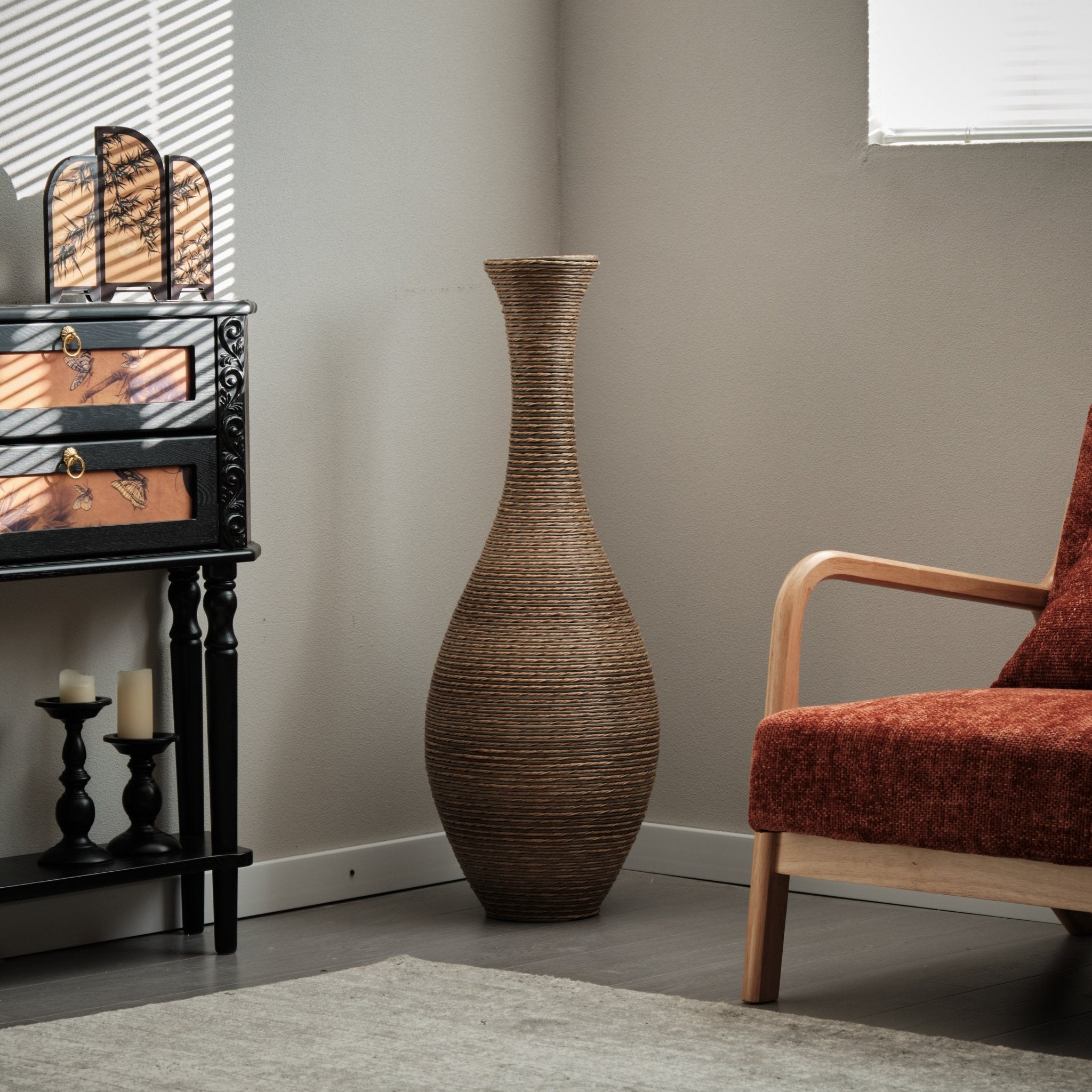 koorbiir va3 39 - Inch Tall Artificial Rattan Floor Vase in Beige ¨C Modern Decorative Vase for Living Room, Entryway, or Hallway ¨C Large Accent Vase for Dried or Silk Flowers - Koorbiir