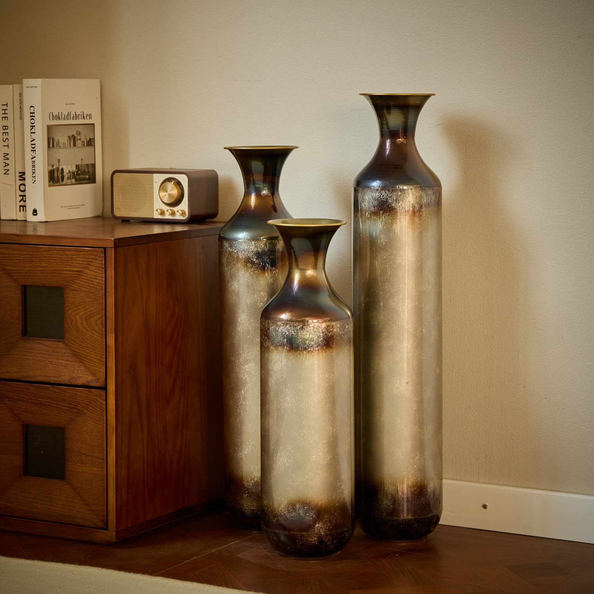 koorbiir va2 Set of 3 Modern White Metal Floor Vases ¨C Droplet Shaped Tall Decorative Vases with Gold Accents, Large Glazed Metal Vases for Home D¨¦cor - Koorbiir