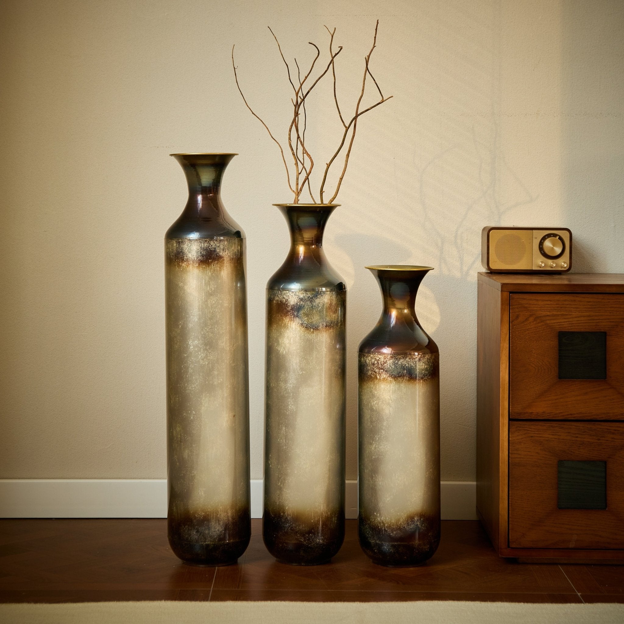 koorbiir va2 Set of 3 Modern White Metal Floor Vases ¨C Droplet Shaped Tall Decorative Vases with Gold Accents, Large Glazed Metal Vases for Home D¨¦cor - Koorbiir