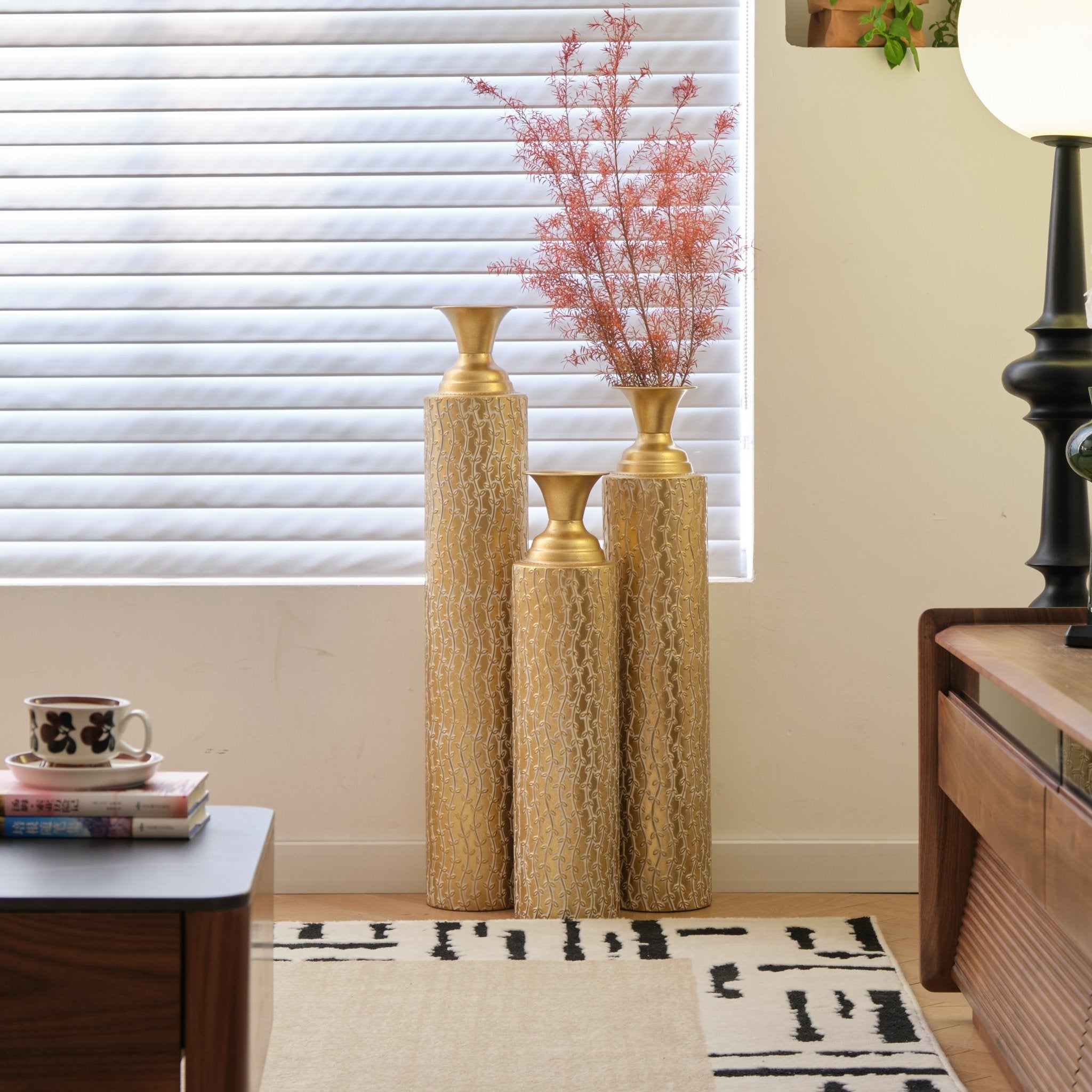 koorbiir va1 Set of 3 Gold Metal Decorative Vases ¨C Distressed Tall Floor Vases with Vine Patterns, Home D¨¦cor Centerpiece Vases (34", 29", 25"H) - Koorbiir