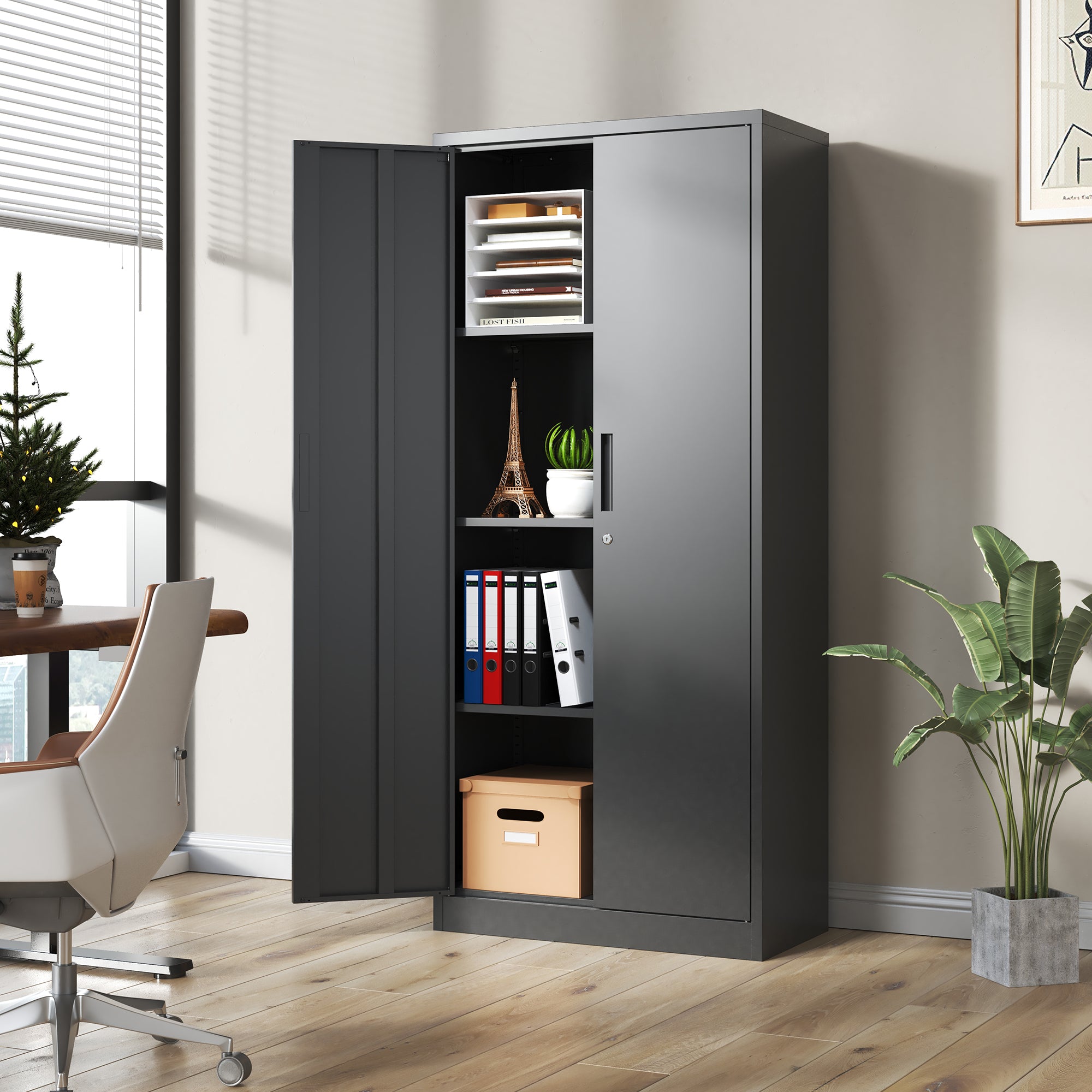 71" Tall Metal Garage Storage Cabinet ¨C Black Locking Tool Steel Cabinet with Doors & 3 Adjustable Shelves, Multipurpose Office Cabinet for Home, Garage, Classroom, Pantry