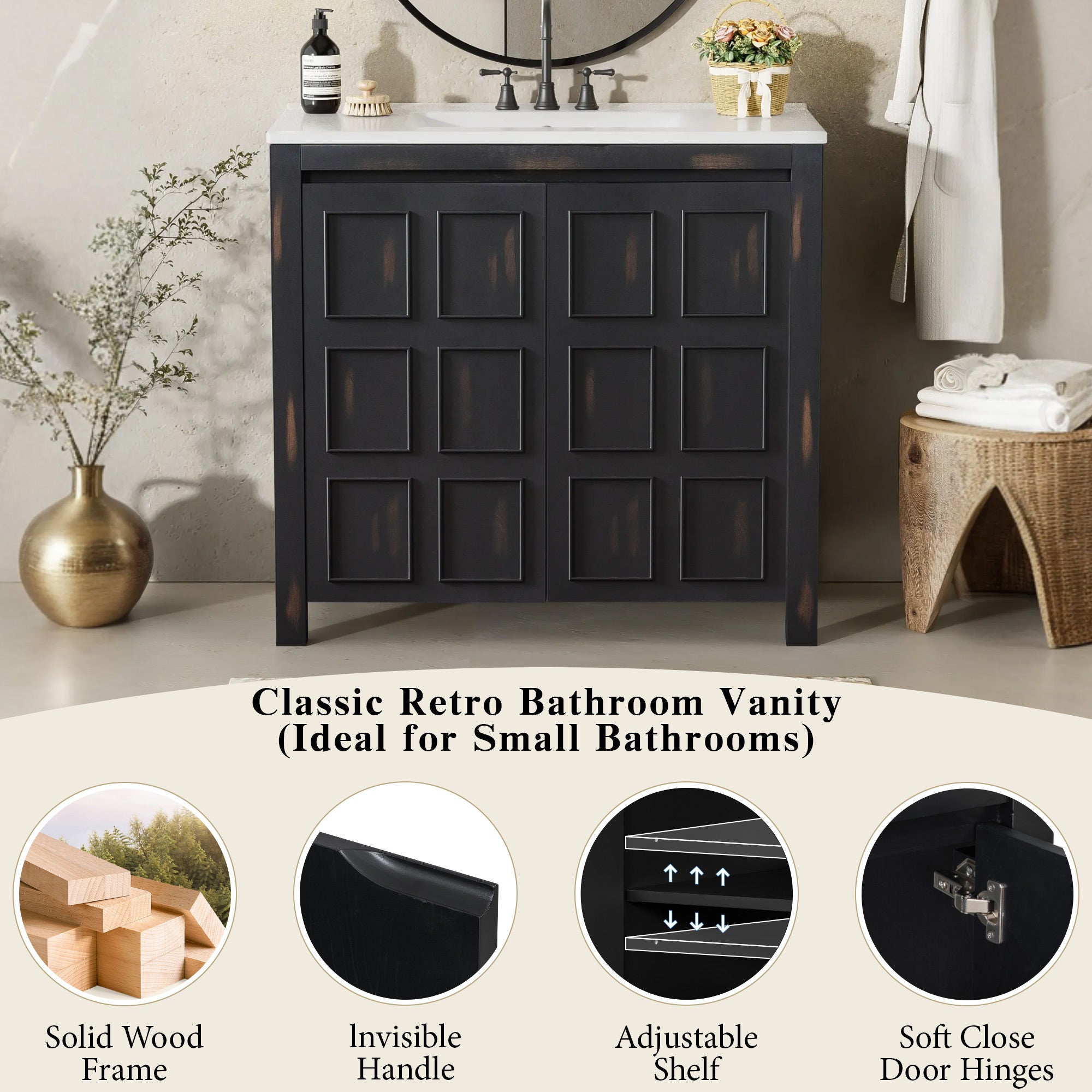 36 Bathroom Vanity Organizer with Ceramic Sink ¨C Vintage Espresso Bathroom Storage Cabinet for Bathroom Organization