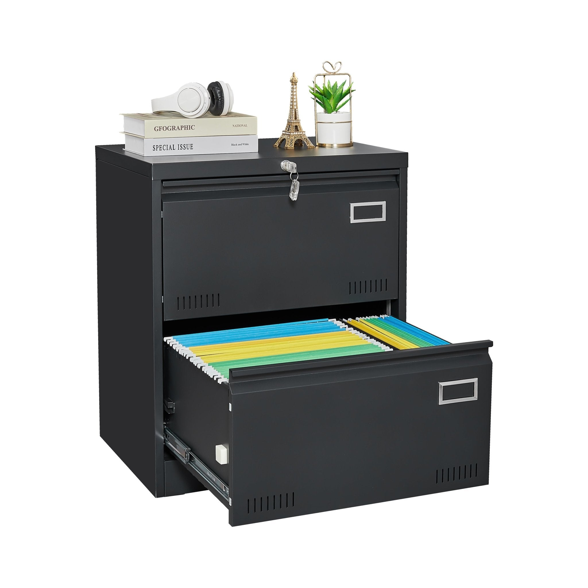 koorbiir of2 2 - Drawer Metal Lateral File Cabinet with Lock ¨C Secure Office Cabinet for Home, Legal, Letter, A4 Documents (Black, Assembly Required) - Koorbiir