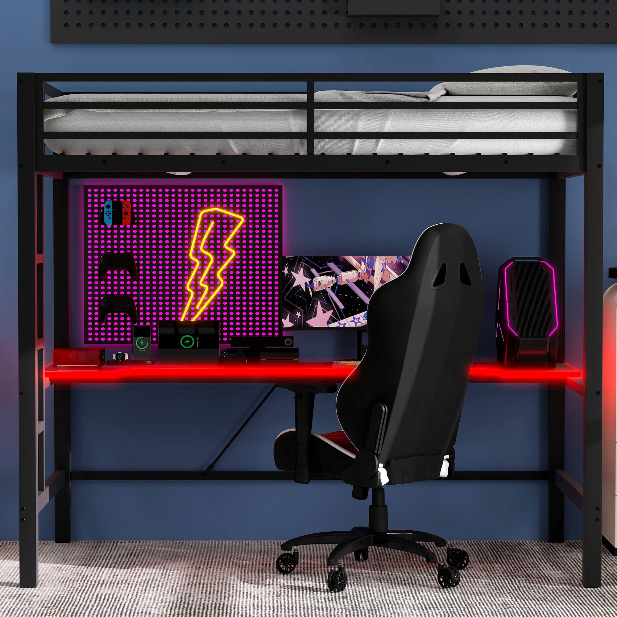koorbiir G3 Full Size Metal Loft Bed with Built-In Gaming Desk, LED Light & USB Charging Station ¨C Black